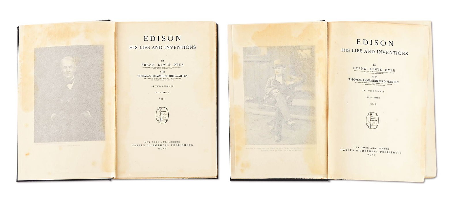 EDISON: HIS LIFE AND INVENTIONS SIGNED BY THOMAS EDISON, EX-LATTIMER.: Volumes I and II of Edison: His Life and Inventions by Frank Lewis Dyer and Thomas Commerford Martin. The flyleaf of volume I is signed "Thomas A. Edison" The first volume also features a newspaper cl