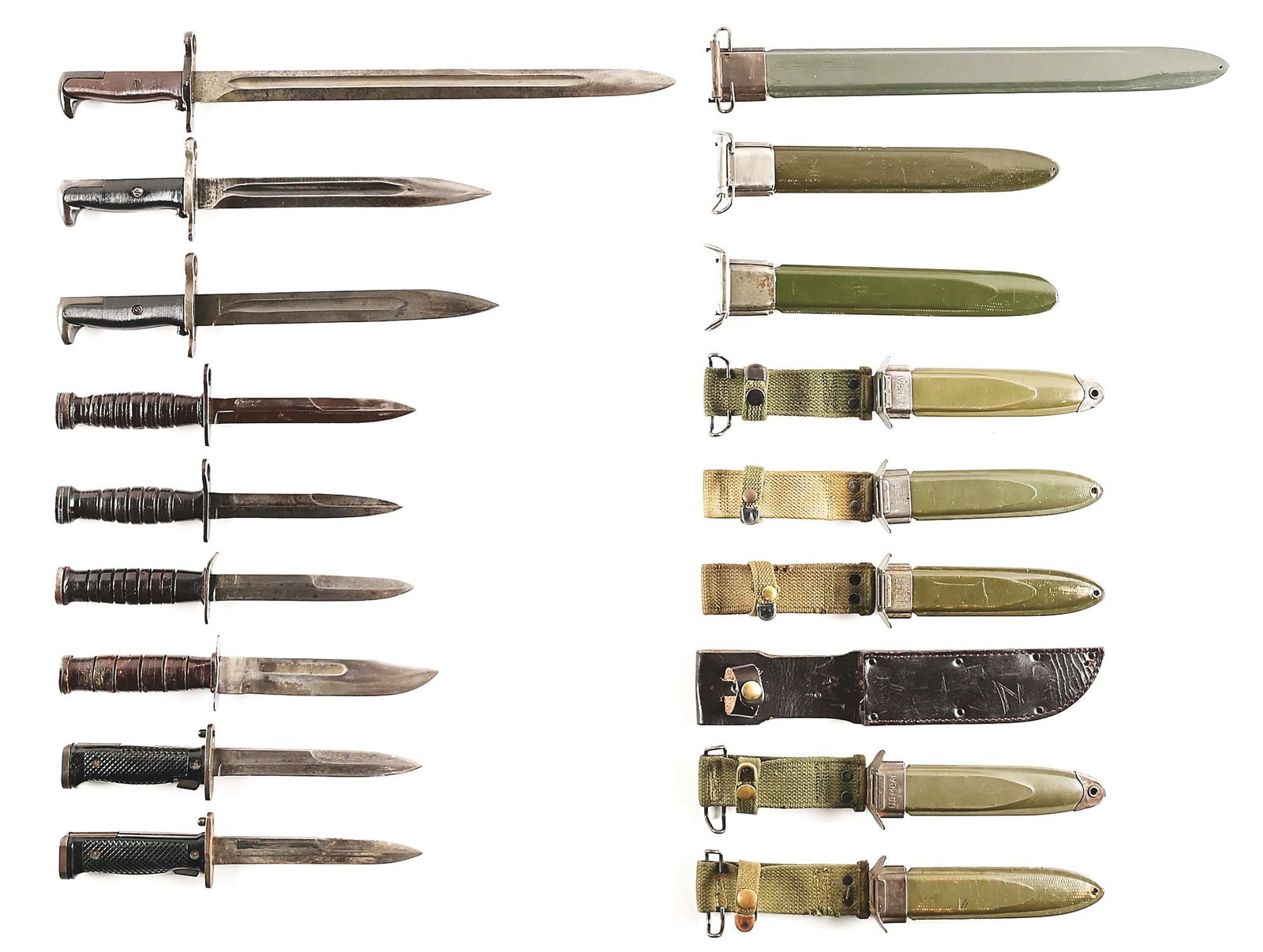 LOT OF 9: US WWII-COLD WAR BAYONETS AND KNIVES.: Lot consists of: (A) 16" M1 Garand bayonet marked "AFH / US / 1942". Complete with USN MK 1 scabbard. (B) M1 Garand bayonet marked "AFH / US" complete with US marked scabbard. (C) M1 Garand bayonet ma