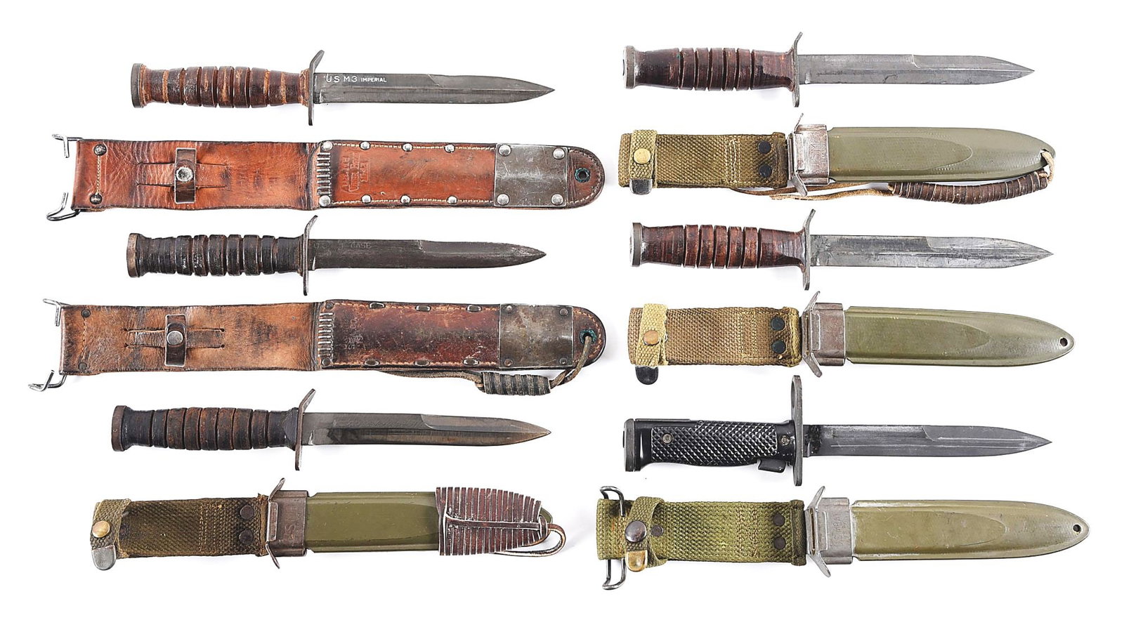 LOT OF 6: US WWII M3 FIGHTING KNIVES AND M6 BAYONET.: Lot consists of: (A) M3 fighting knife with 2nd Type marking "US M3 IMPERIAL" on blade. Parkerized finish with some areas of loss and evidence of sharpening. Stacked leather grip with handling wear. C