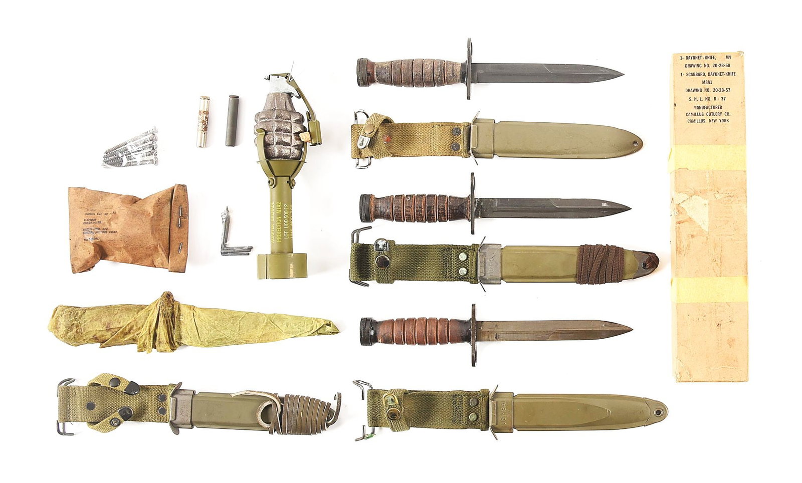 LARGE LOT OF QUALITY M1 CARBINE ACCESSORIES.: Great collection of M-1 Carbine accessories for the collector including 4 leather-handled M-4 bayonets (2 Camillus, 2 Imperial; 1 Camillus in original box), an M1A2 grenade adapter with a dummy MK2, a