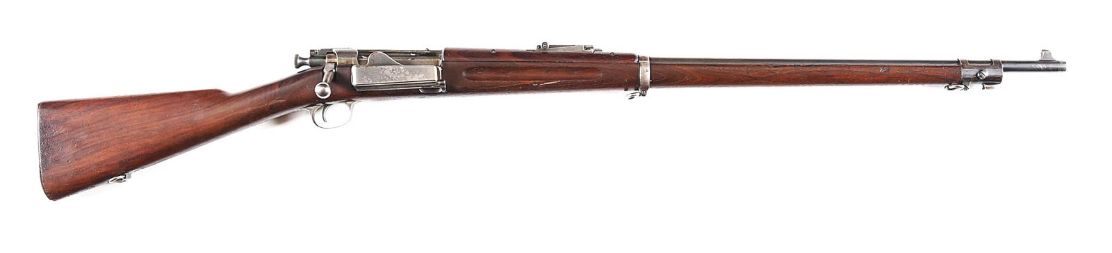 (C) US SPRINGFIELD MODEL 1898 KRAG BOLT ACTION RIFLE.: Made at Springfield Arsenal in 1900. Blued 30" military barrel with pinned blade integral base sight and military rear sight graduated to 2000 yards. Standard blued bolt action with standard markings,