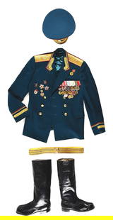 SOVIET COLD WAR MAJOR GENERAL PARADE UNIFORM.: Cold War Russian Major General parade uniform including double-breasted tunic, visor hat, belt, and boots. The double-breasted dress tunic is off blue wool cloth with red piping around the collar, sho