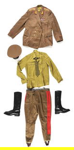COLD WAR SOVIET LIEUTENANT GENERAL LAND FORCES UNIFORM.: Cold War Russian major general land forces uniform including double-breasted tunic, trousers, shirt, boots, and visor hat. The double-breasted dress tunic is olive drab cloth with red piping around th