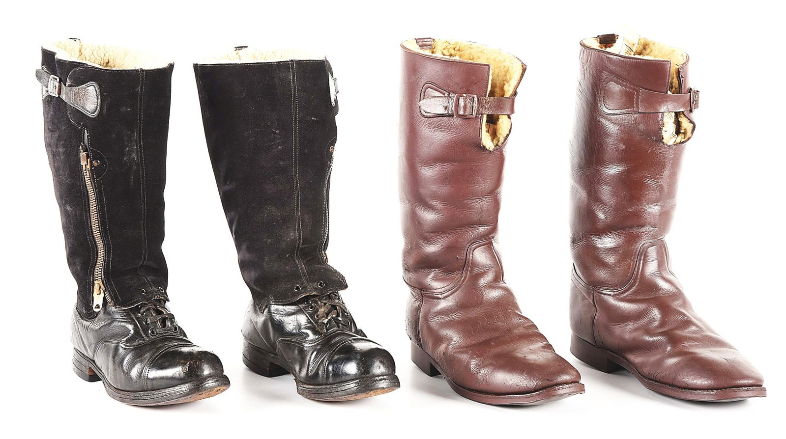 LOT OF 2: BRITISH WWII ROYAL AIR FORCE ESCAPE BOOTS.: Lot consists of: (A) WWII RAF Aircrew 1943 Pattern Escape Boots constructed of black leather and suede sheepskin-lined boots in the form of black leather Oxford style lace-up shoes and black suede wit