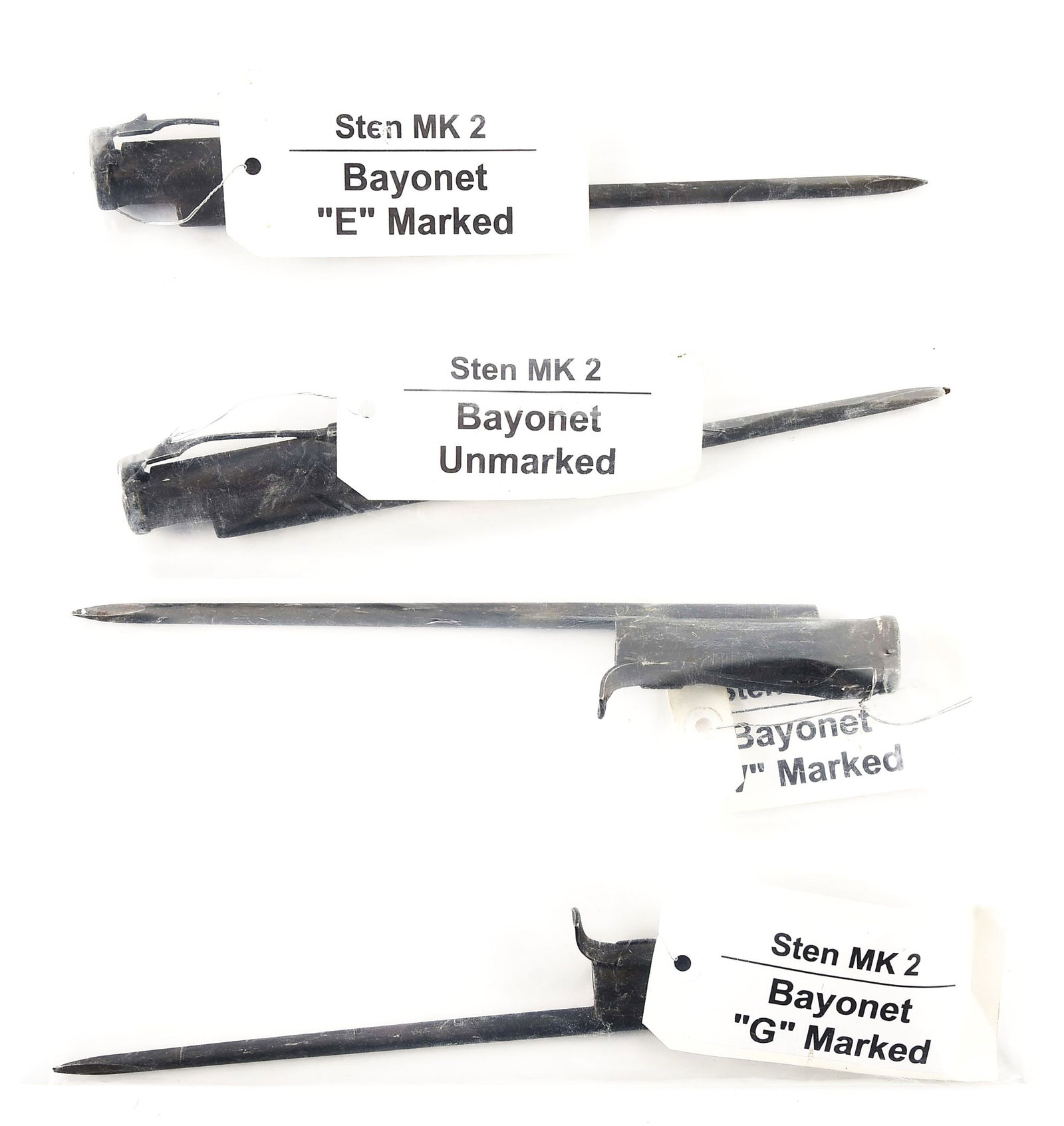 LOT OF 4: HARD TO FIND STEN MK I BAYONETS.: Lot consists of 4 MK I spike bayonets for Sten MK II submachine guns bearing various subcontractor markings. No scabbards or frogs present. Each bayonet is sealed in a contemporary clear plastic sleev