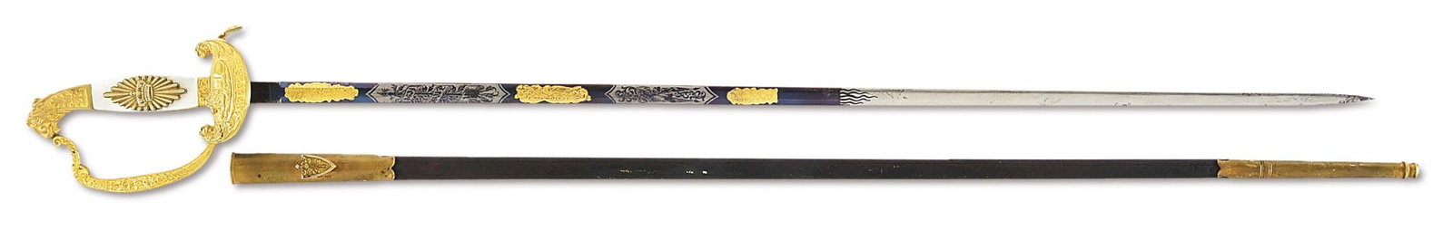 GERMAN BAVARIAN COURT SWORD.: A Bavarian court sword from the period of Maximilian II, King of Bavaria (1848 - 1864). The sword is quite elegant and features a gilded hilt with lion head pommel, mother of pearl grip scales with a 