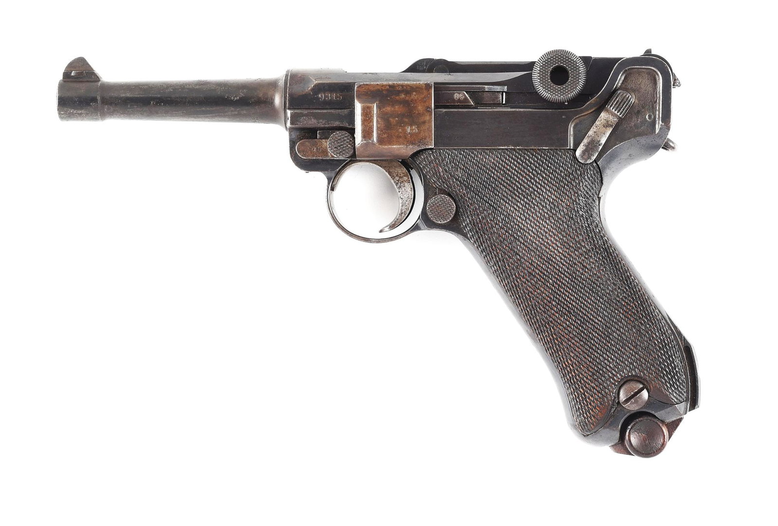 (C) UNIT MARKED GERMAN WORLD WAR I DWM "1916" DATE P.08 LUGER SEMI-AUTOMATIC PISTOL.: Standard configuration P.08 Luger manufactured by DWM in 1916. The receiver is stamped "1916" over the chamber, with DWM arsenal proofs followed by an imperial German reichsadler on the right. Toggle 