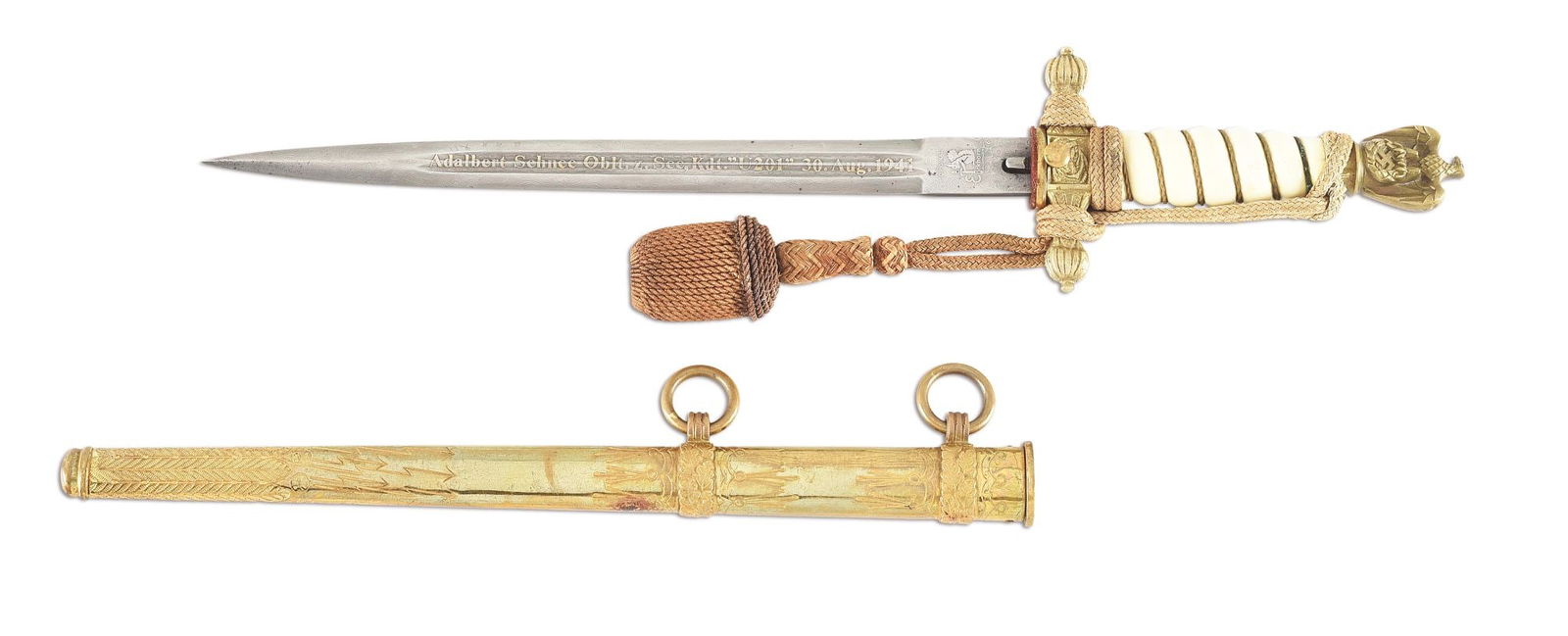 GERMAN WWII NAVAL DAGGER PRESENTED TO U-BOAT CAPTAIN ADALBERT SCHNEE COMMEMORATING HIS KNIGHT'S: German World War II Kriegsmarine dagger with Damascus blade and presentation for Kapitanleutnant Adalbert Schnee. The blade is marked "ORIGINAL / EICKHORN / SOLINGEN", with squirrel and sword marking.