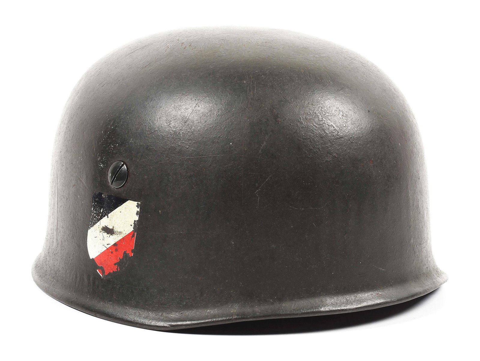 GERMAN WWII M38 FALLSCHIRMJAEGER LATE FLARED RIM HELMET.: German World War II late war flared rim M38 Fallschirmjaeger helmet. Helmet is marked on the inside of the rear skirt "ckl68" for "Eisenhuettenwerk Thale / Harz" and shell size "68". The lot number is