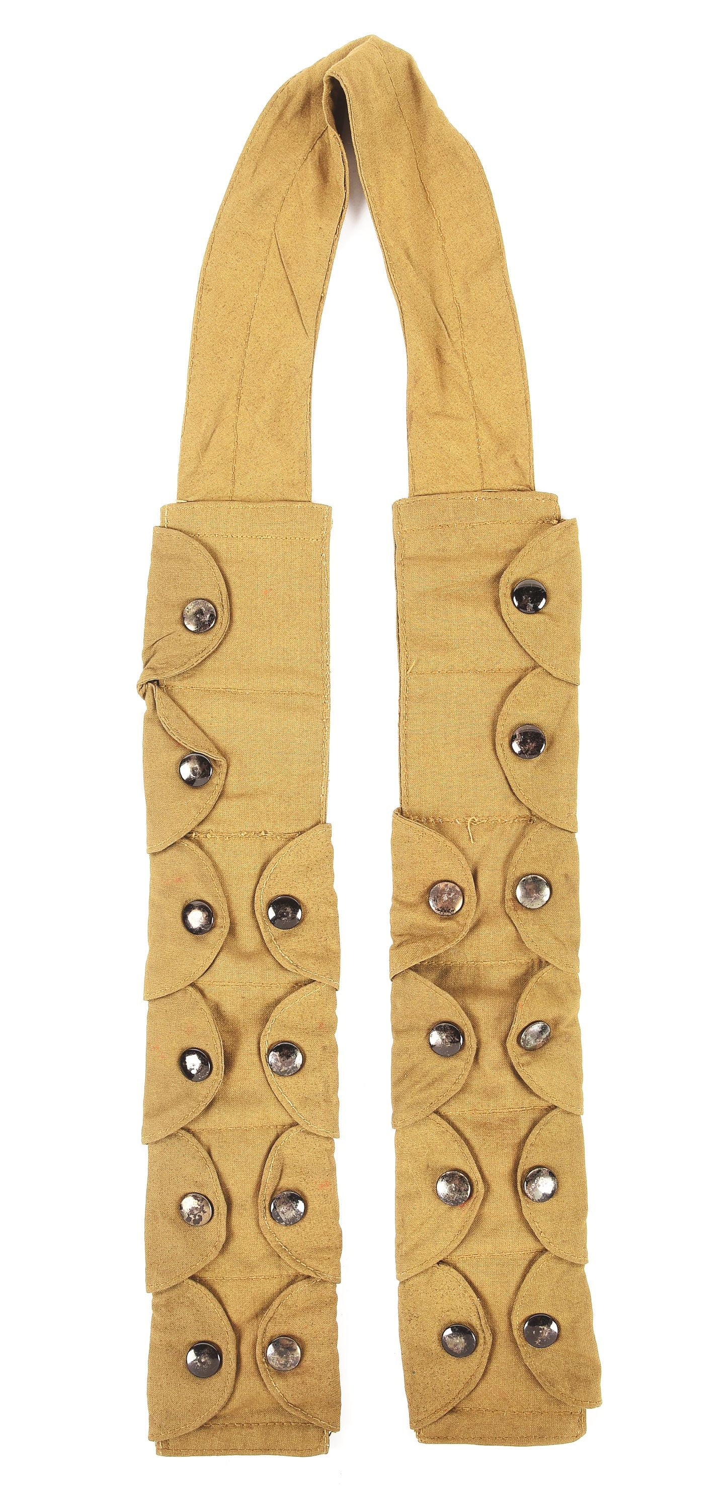 GERMAN WWII 1944-DATED FALLSCHIRMJAEGER BANDOLIER.: German World War II late issue Fallschirmjaeger K98 ammo (100 rounds) bandolier marked with the RBNr number "0/0510/0052" and dated "1944". Light olive-tan cotton twill construction with no visible we