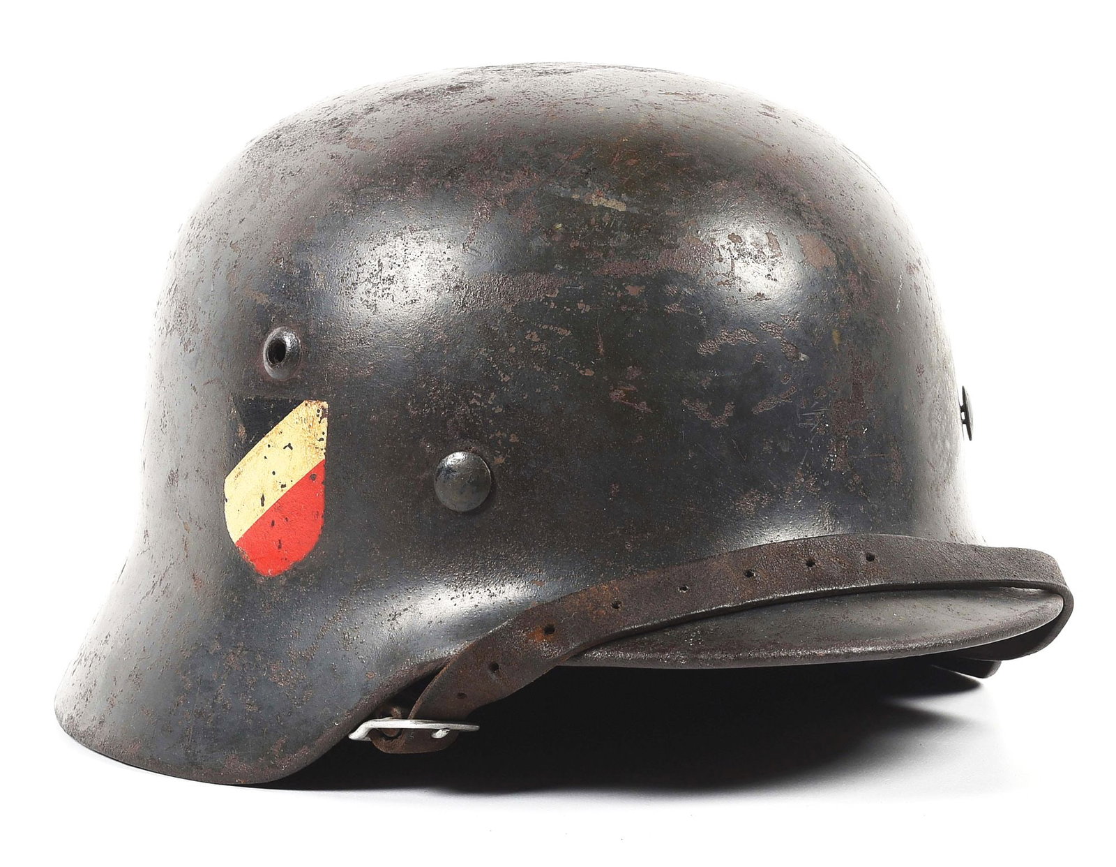 HIGH CONDITION GERMAN WWII M35 DOUBLE DECAL LUFTWAFFE HELMET.: German World War II Luftwaffe M35 double decal helmet marked "ET64" for the maker of "Eisenhüttenwerk Thale / Harz" and in the shell size of "64", with a lot number of "3779". Shell retains 50-55
