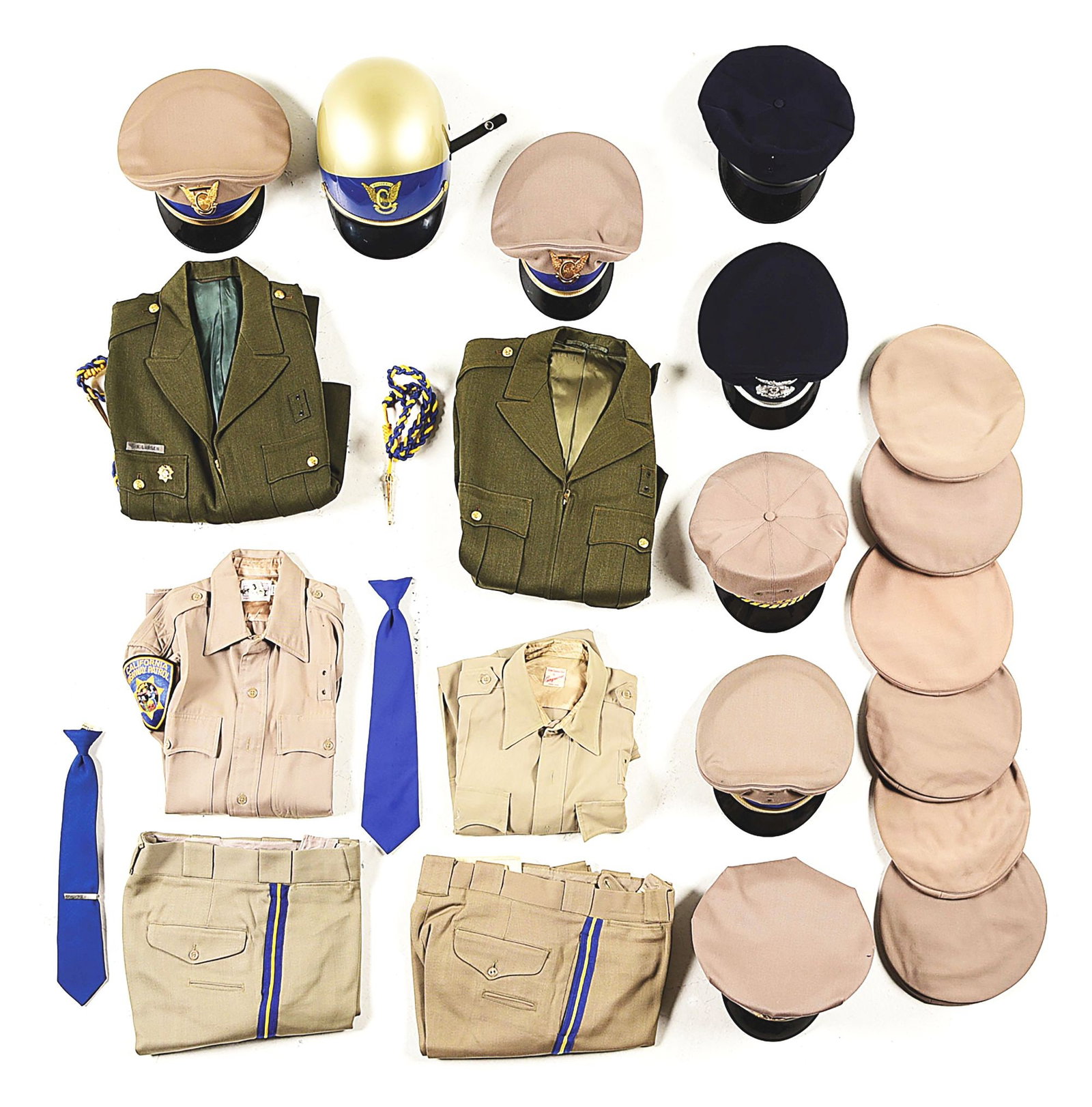 LOT OF 1950S CALIFORNIA HIGHWAY PATROL UNIFORMS AND HATS.: Lot consists of: (A) Full dress coat and tan service uniform with CHP motorcycle helmet and visor cap with winged wheel insignia. Also includes tie, trousers, and augillette. Circa 1950s. (B) Full dre