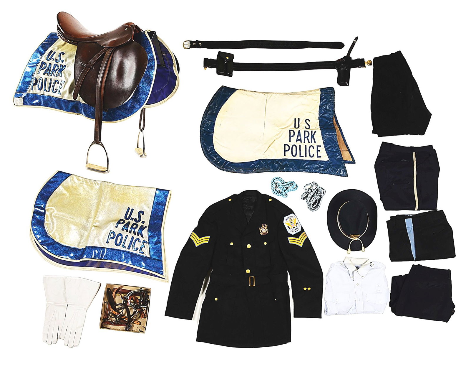 US PARK POLICE MOUNTED UNIFORM, ACCESSORIES, AND SADDLE.: Fantastic lot of vintage U.S. Park Police uniforms and mounted gear. Includes a dress blue coat and Park Police badge, full dress campaign hat with proper device, 3 shabraque saddle covers, department