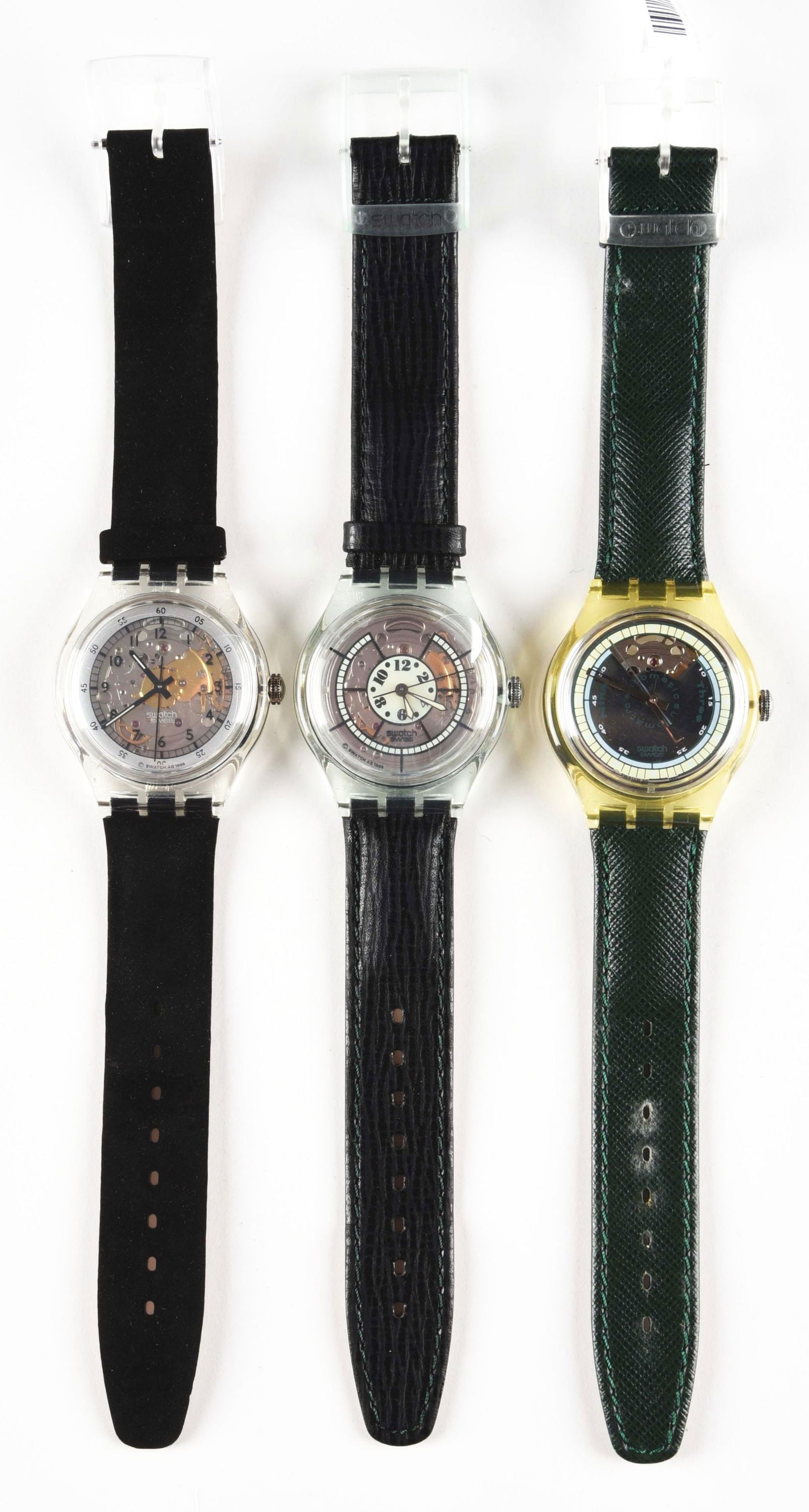 LOT OF 3: AUTOMATIC SWATCHES.: (A) SAK130 "Velvet" Automatic Swatch Watch. Issued in 1997. (B) SAG101 "Grin" Automatic Swatch Watch. Issued in 1994. (C) SAK100 "Francois 1er" Automatic Swatch Watch. Issued in 1992. Condition: Excel