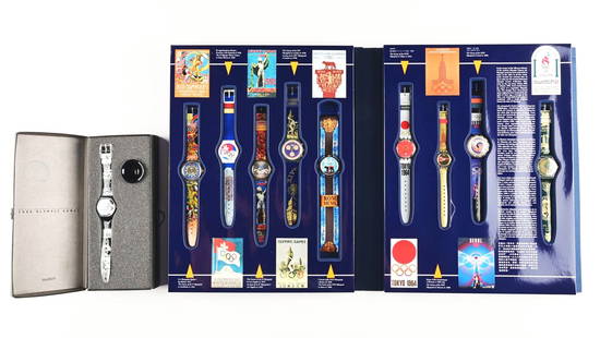 LOT OF 2: OLYMPIC SPECIALS SWATCHES.: (A) GB178 "Olympic Portraits" Olympic Specials Swatch Watch. Designed by Annie Leibovitz. Issued in 1996. (B) BOX1 "Box Historic Olympic Games" Olympic Specials Box Set. Included Swatches: SAZ103 "Sto