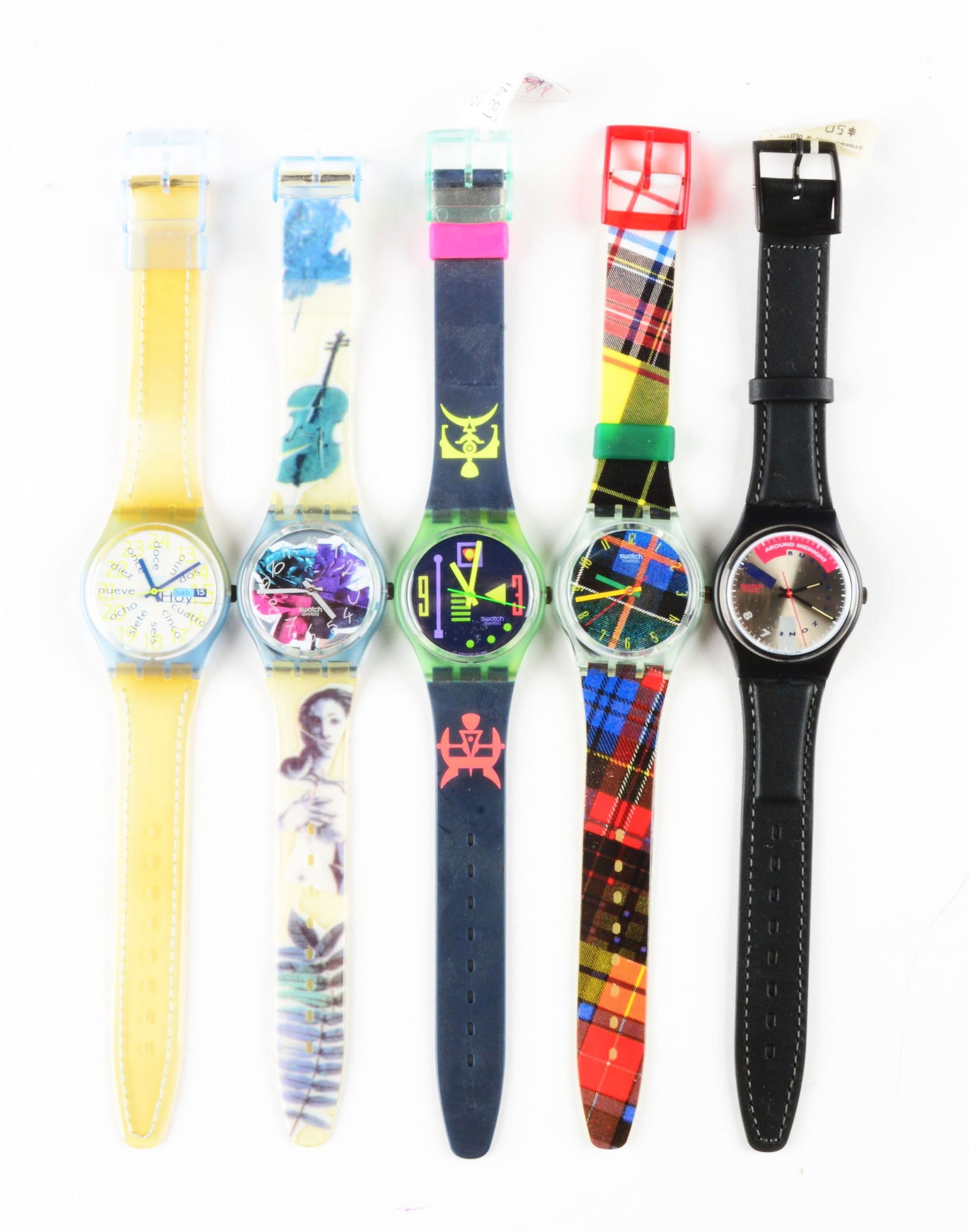 LOT OF 5: STANDARD GENTS SWATCHES.: (A) GN708 "Frozen Yoghurt" Standard Gents Swatch Watch. Issued in 1996. (B) GN122 "Photoshooting" Standard Gents Swatch Watch. Issued in 1992. (C) GG113 "Stalefish" Standard Gents Swatch Watch. Design