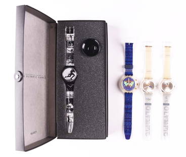 LOT OF 4: OLYMPIC SPECIALS SWATCHES.: (A) GB178 "Olympic Portraits" Olympic Specials Swatch Watch. Designed by Annie Leibovitz. Issued in 1996. (B) SCZ101 "Ioc 100" Olympic Specials Swatch Watch. Designed by Andrea Arrigoni. Issued in 199