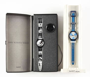 LOT OF 2: OLYMPIC SPECIALS SWATCHES.: (A) GB178 "Olympic Portraits" Olympic Specials Swatch Watch. Designed by Annie Leibovitz. Issued in 1996. (B) GZS37 "Special Moments" Olympic Special Swatch Watch. Designed by Adelina Bissolo. Limited