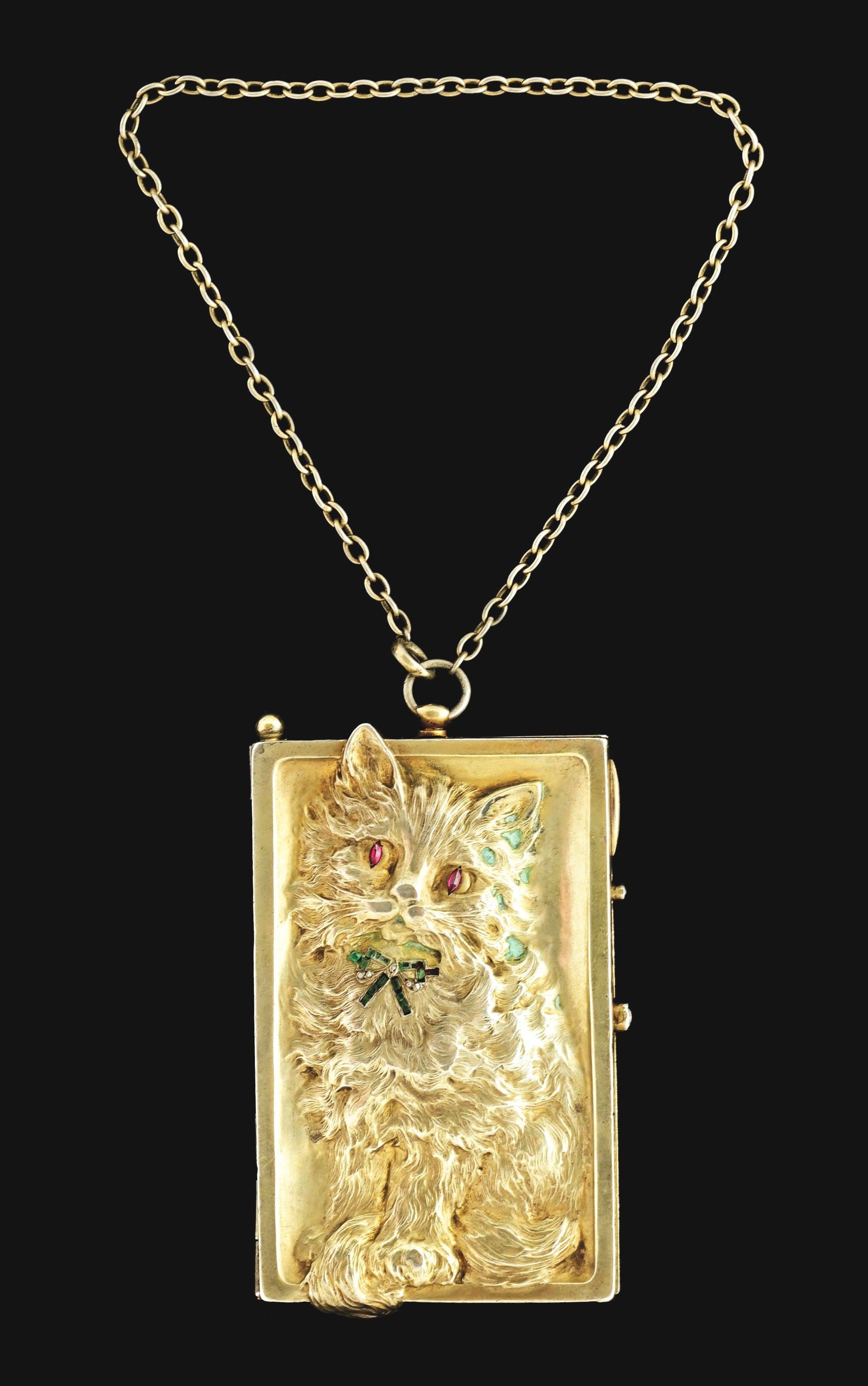 RARE ANTIQUE CALLING CARD CASE & COMPACT.: Detailed embossed kitten on front and back. Compact with three compartments. Kitten with ruby eyes and emerald bow. Jeweled opener. Unmarked. Minor wear, crack in mirror. Condition: (Excellent). Item 