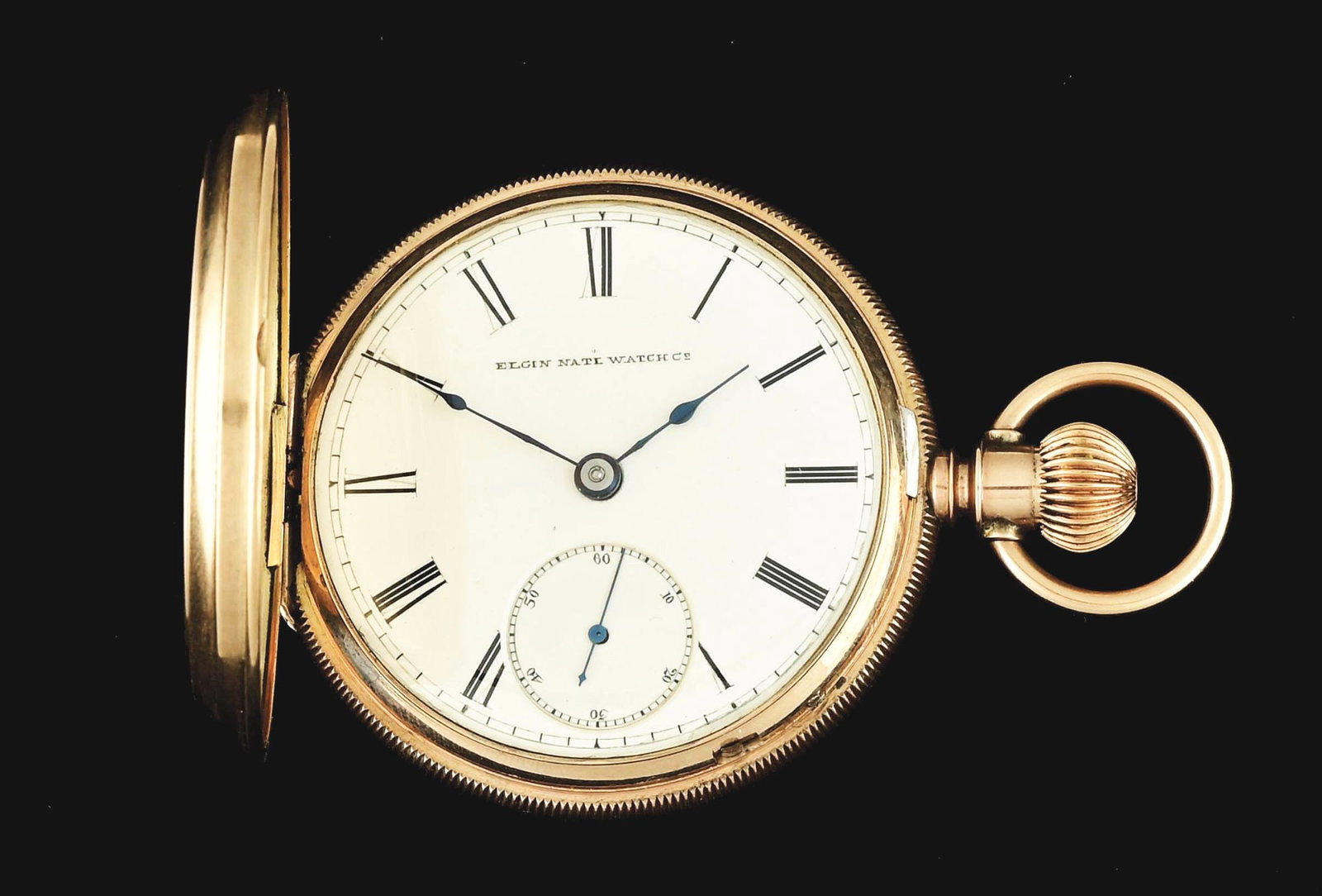 8K GOLD ELGIN NATIONAL WATCH CO. H/C POCKET WATCH W/ SHIP: 8K yellow gold (untested) Elgin National Watch Co. hunting cased pocket watch, c. 1885. Movement No. 1582310, Grade 88, Model 4, Size 18, 11 Jewels. Beautifully hand engraved case. Back cover with sce