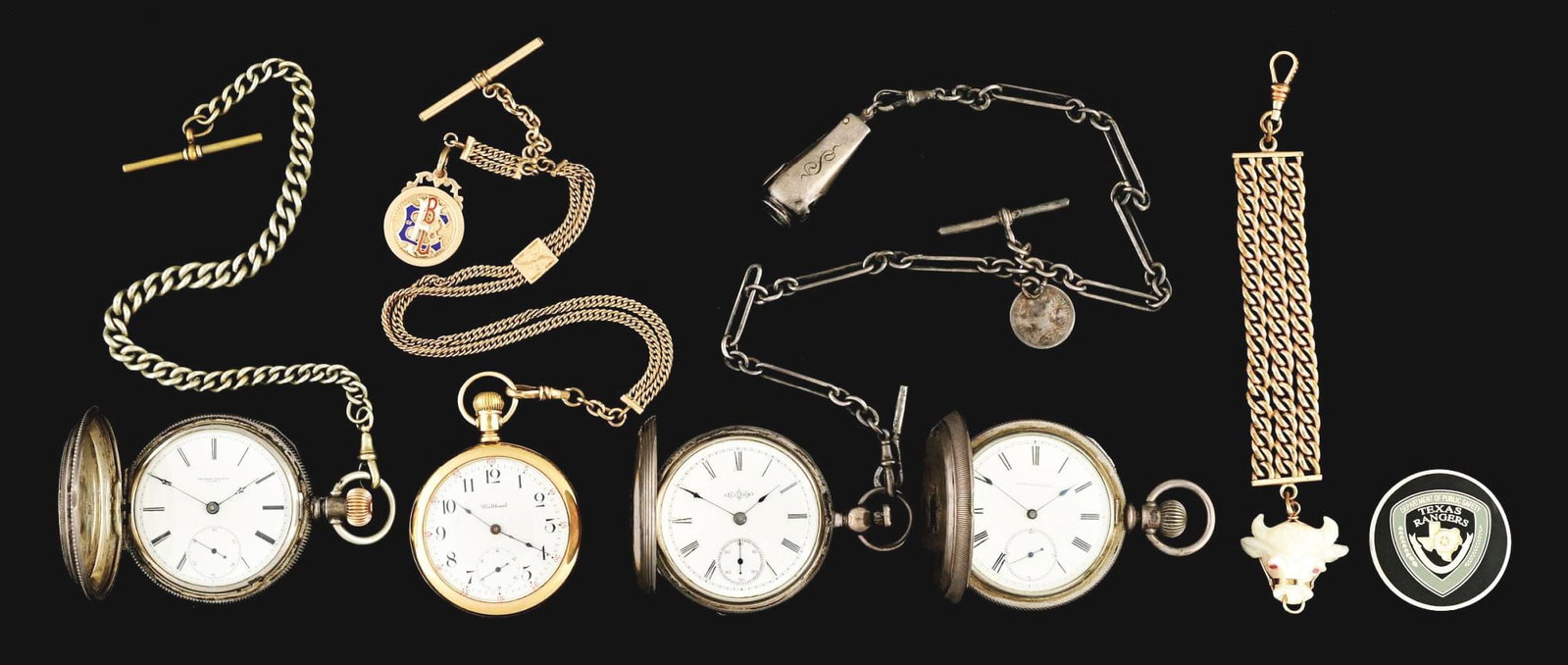 LOT OF 6: 4 POCKET WATCHES, WATCH CHAIN AND MEDAL.: Lot of 6: includes 4 pocket watches, watch chain and medal. (A) Coin silver Rockford Watch Co. 56mm hunting case pocket watch with 11" white metal chain, movement #35096, running. (B) 14k yellow gold 