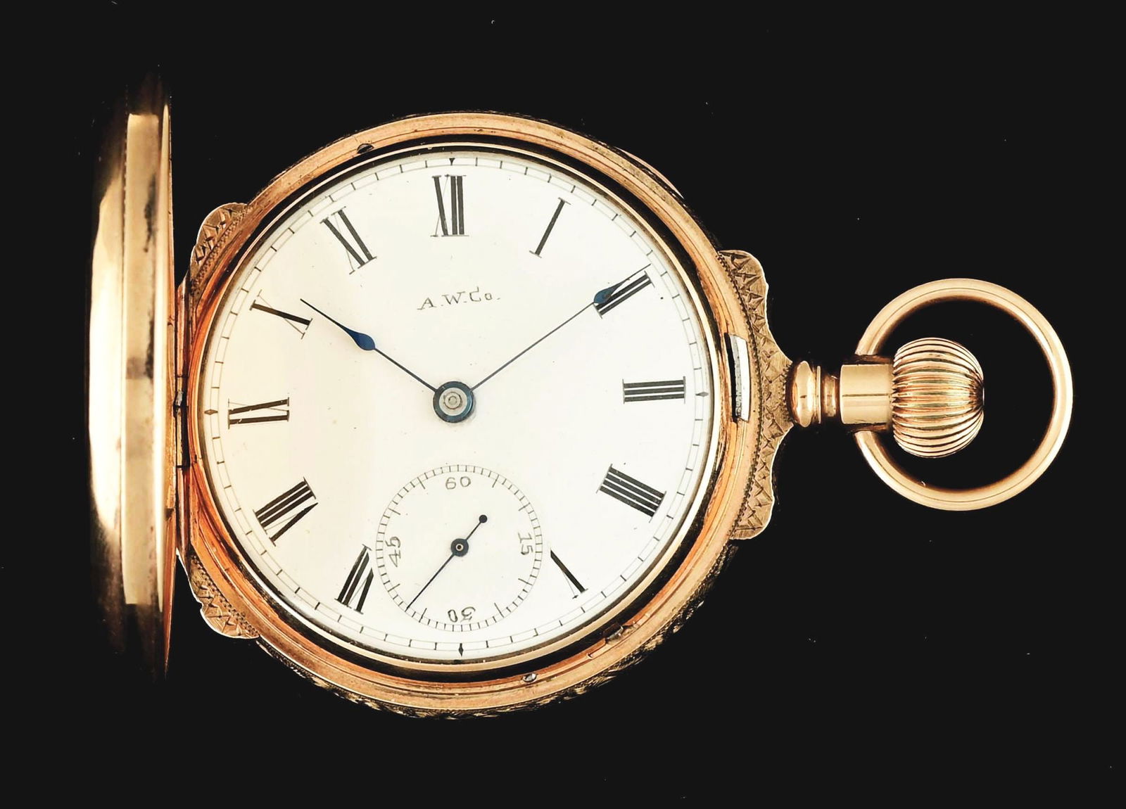 14K YELLOW GOLD FILLED/SHELL AMERICAN WALTHAM H/C POCKET WATCH: 14K yellow gold filled/shell (untested) American Waltham Watch Co. box hinge hunting cased pocket watch, c. 1884. Movement No. 2345729, P.S. Bartlett Grade, Model 1877, Size 18, 15 Jewels. Beautifully