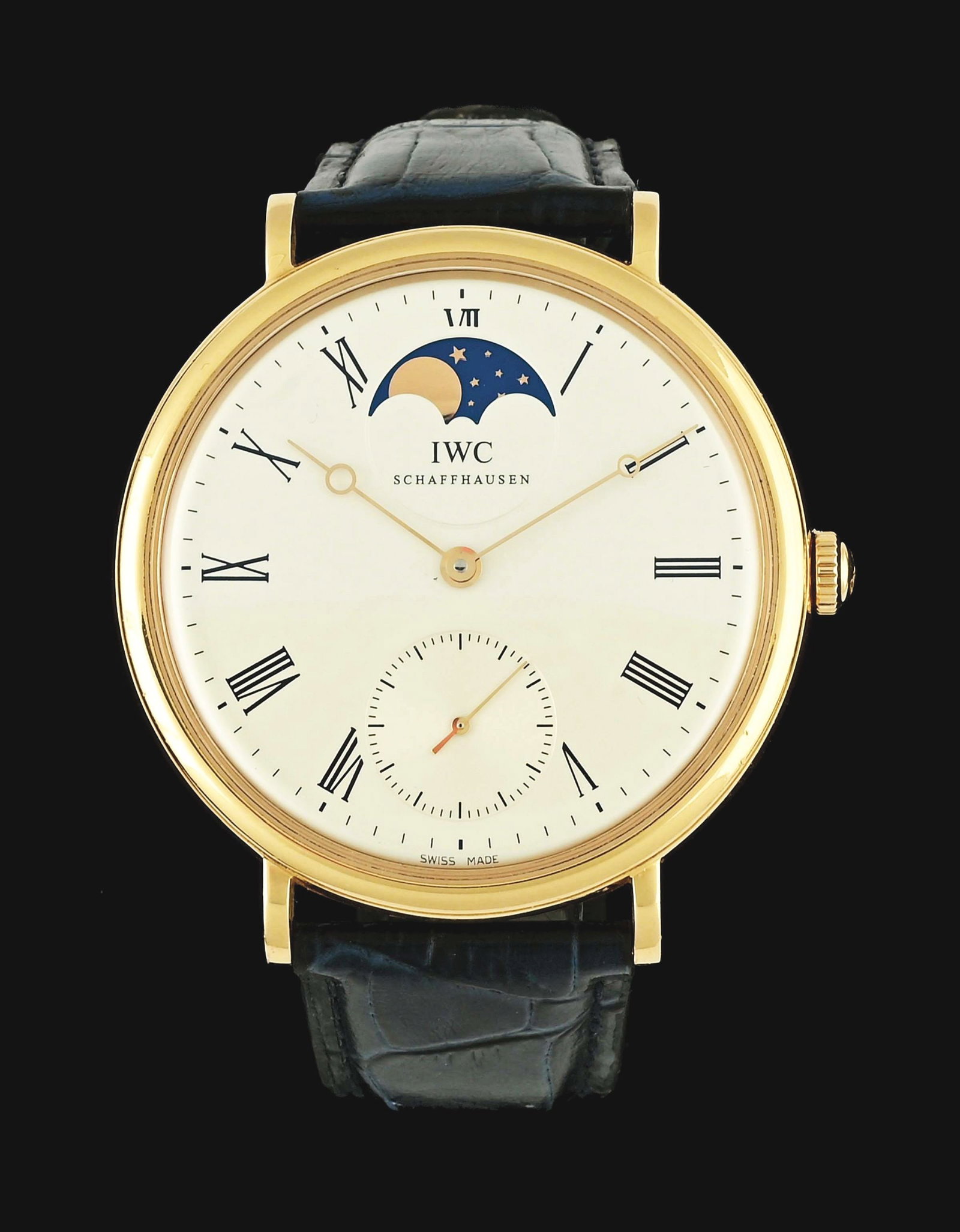 MEN'S 46MM IWC PORTOFINO 18K ROSE GOLD WRISTWATCH W/MOONPHASE, REF. IW544803.: Men's 46mm 18k rose gold IWC Portofino mechanical wind watch with matte silver Roman numeral dial, moon-phase and blue stitched 22mm band with original 18k gold IWC tang/buckle. Reference #IW544803. S