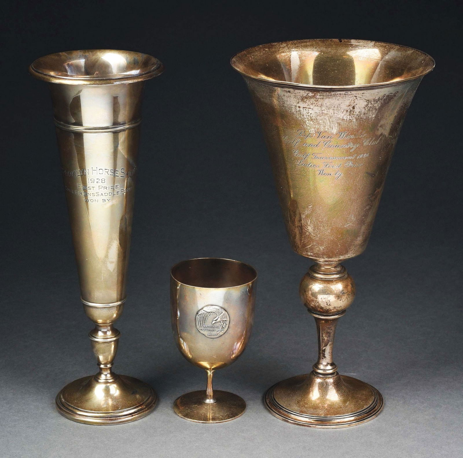 LOT OF 3: STERLING SILVER ITEMS, 2 TIFFANY.: (A) Large Tiffany sterling silver presentation vase, Rip van Winkle Golf and Country Club Tournament, dated 1926. 12" T. ~26.6 oz t. (B) Tiffany sterling golf tournament goblet, dated 1940. 5" T. ~6.8