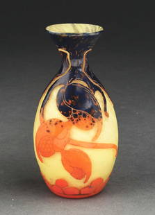 LE VERRE FRANCAIS VASE.: A lovely vase by Le Verre Francais. The vase has a background of frosted yellow glass with cameo cut flowers and berries and orange and mottled blue. It is signed to the foot "Le Verre Francais." COND