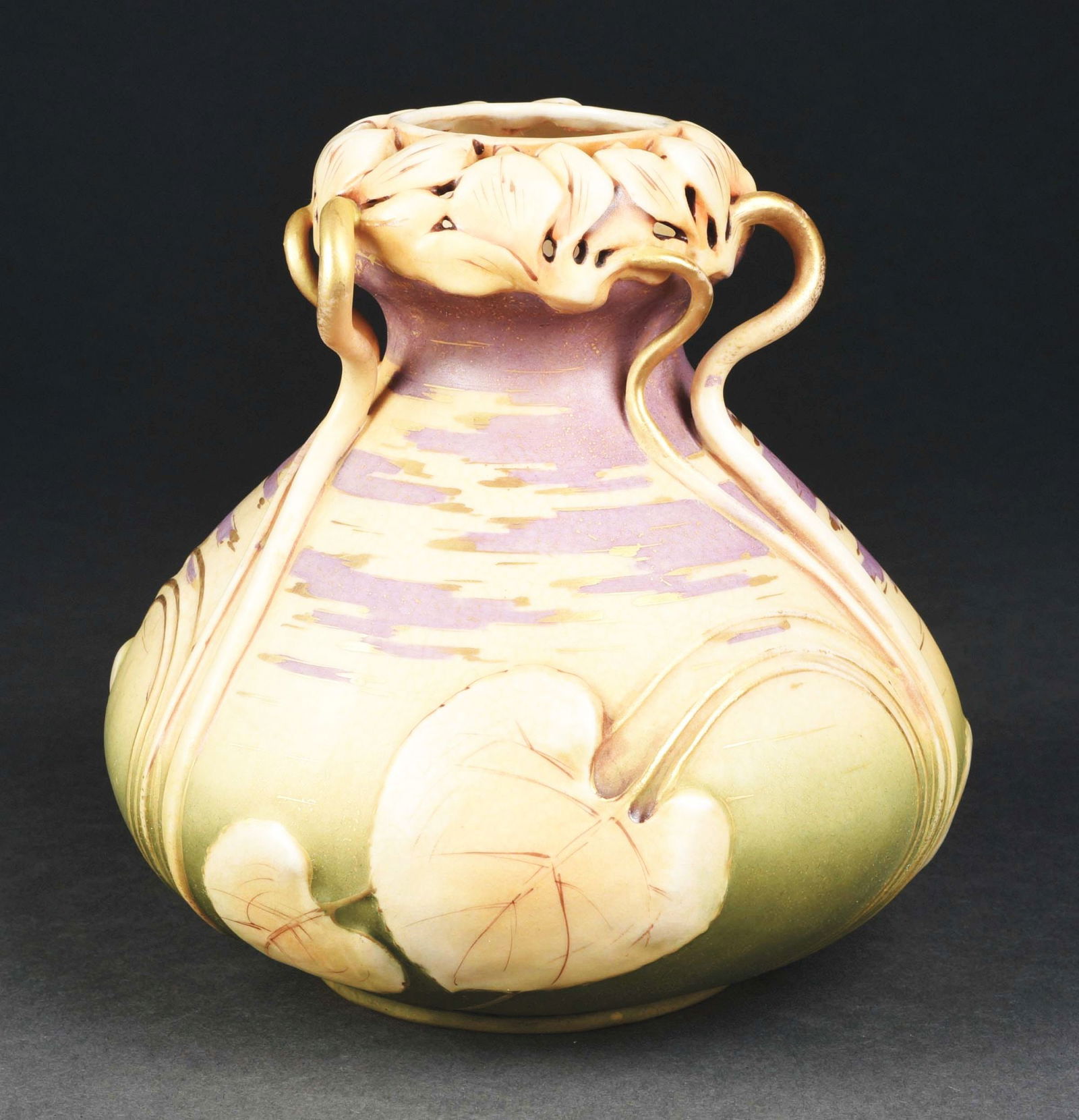 AMPHORA EARTHENWARE ORGANIC FLORAL VASE W/ RETICULATED TOP & EXTRUDED STEMS.: C. 1900. The model is illustrated Monsters and Maidens: Collectors Edition, Vreeland, p.195 and in The House of Amphora, Scott, p. 129. Condition: (Excellent). Item Dimensions: 7" x 7" x 7".