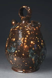 GEORGE OHR (1857- 1918) “THE MAD POTTER OF BILOXI”, LARGE GLAZED EARTHENWARE JUG: C. 1901. Stamped on the bottom "G.E. Biloxi, Miss." Condition: (Excellent) Item Dimensions: 6 - 1/2" X 6 - 1/2" X 10 - 1/2".