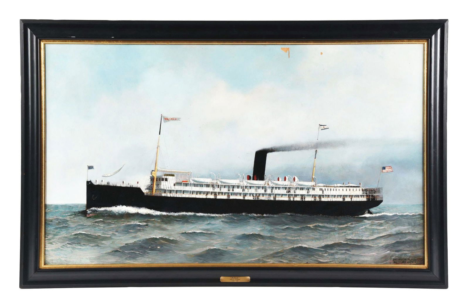 ANTONIO JACOBSEN (DANISH, 1850-1921): Mohawk Oil on board 28 - 3/4" x 48" Signed lower-right corner Paint loss in sky, restoration throughout From a Palm Beach, Florida private collection. This is not a standard shippable item and will re