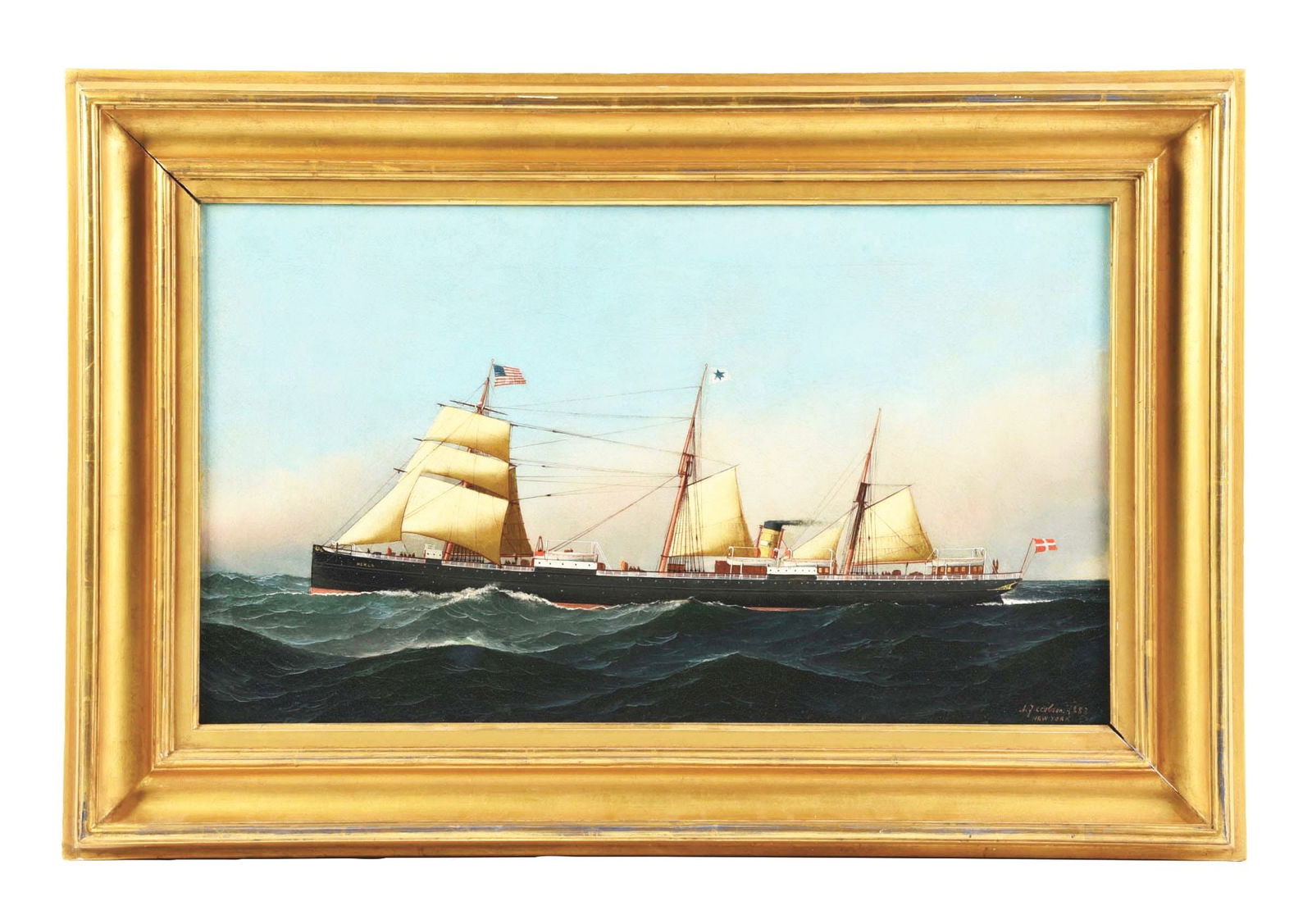 ANTONIO JACOBSEN (DANISH, 1850-1921): The Hekla Oil on canvas 14" x 24" 23 - 1/4" x 30 - 1/4" framed Signed and dated lower right, 1883 Re-lined Condition: Item Dimensions: Frame: 23 - 1/4" x 1 - 3/4" x 30 - 1/4".