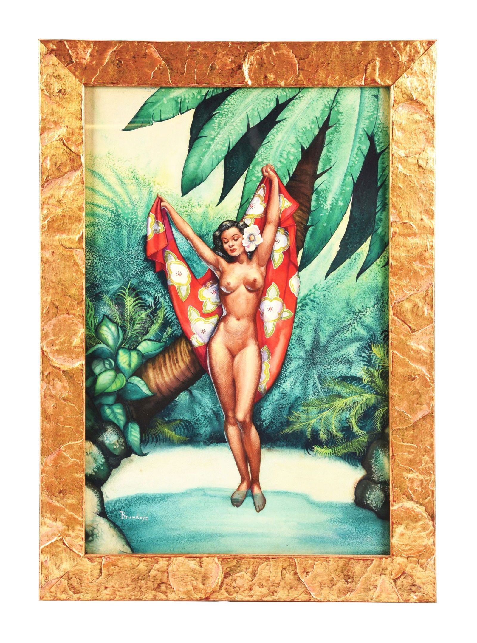 MARGARET HEDDA BRUNDAGE (AMERICAN, 1900-1976): Hawaiian Pin Up Pulp Art Watercolor and gouache on board 26 - 1/4" x 17 - 1/4" Signed lower left Margaret Brundage was the first female cover artist for “Weird Tales” pulp magazine and bec