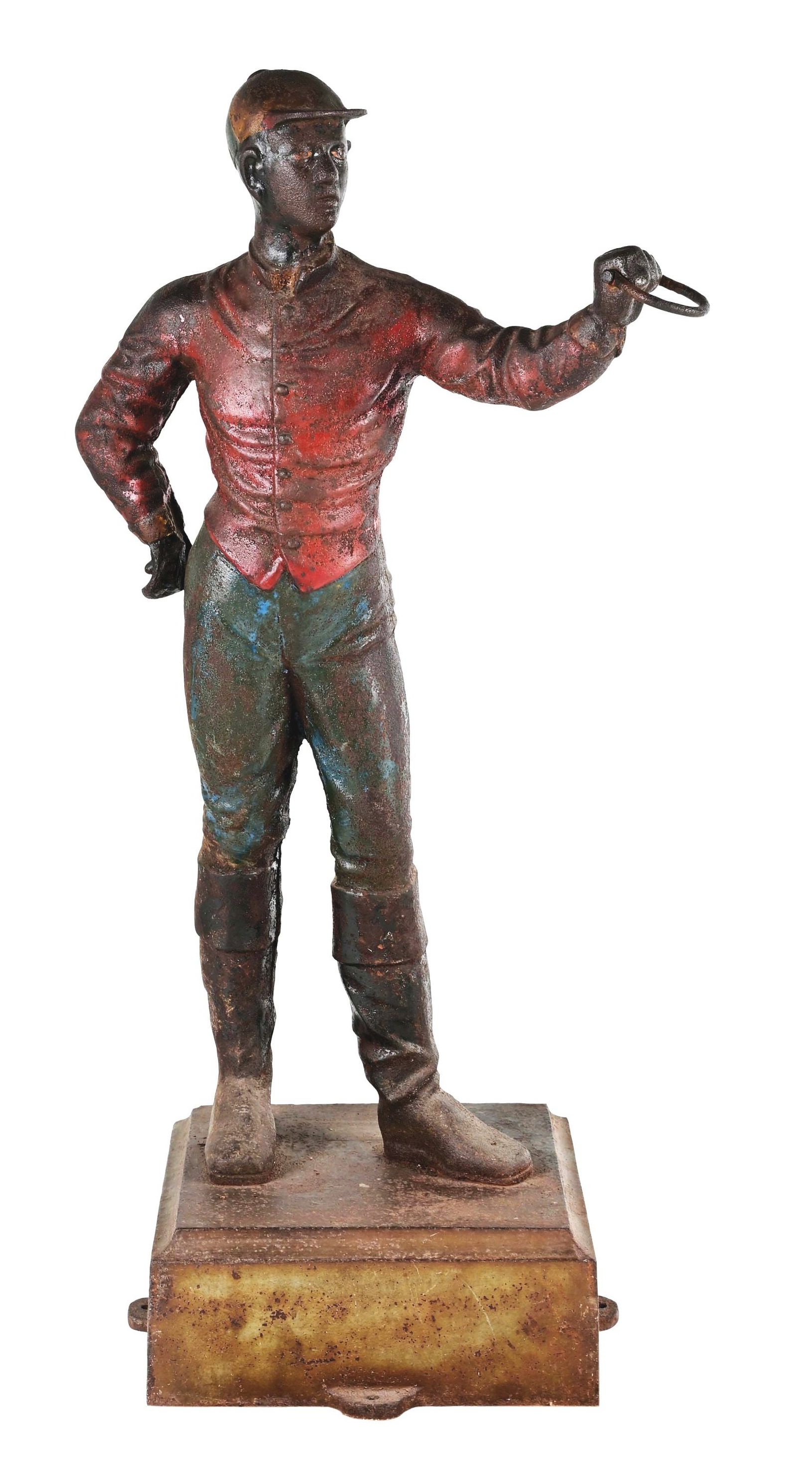 CAST IRON JOCKEY STATUE HITCHING POST ATTRIBUTED TO ISSAC MURPHY: C. 1900. Arguably one of the most recognized and copied trade signs used by harness makers, blacksmiths, saddlery shops and farriers is the iconic Jockey figure. This example, survived from being used