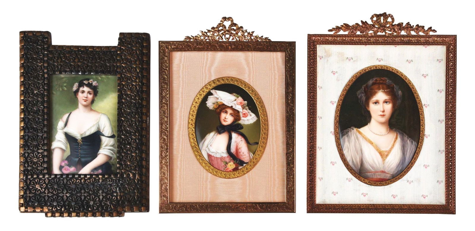 LOT OF 3: PORCELAIN PORTRAITS HAND-PAINTED ON TILES.: (A) Lady holding flowers and with flowers in her hair. Tile 4" x 6", frame 7" x 10". (B) Oval hand-painted porcelain lady with necklace. Tile 7" x 5", brass frame 8 - 1/2" x 11". (C) Lady with large f