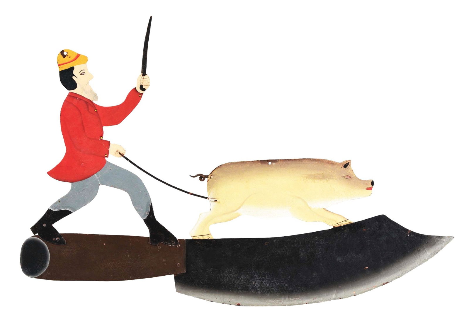 MAN CHASING PIG METAL TRADE SIGN.: Contemporary metal trade sign depicting man chasing pig atop a butcher knife. Condition: (Excellent). Item Dimensions: 35 - 3/4" x 23".