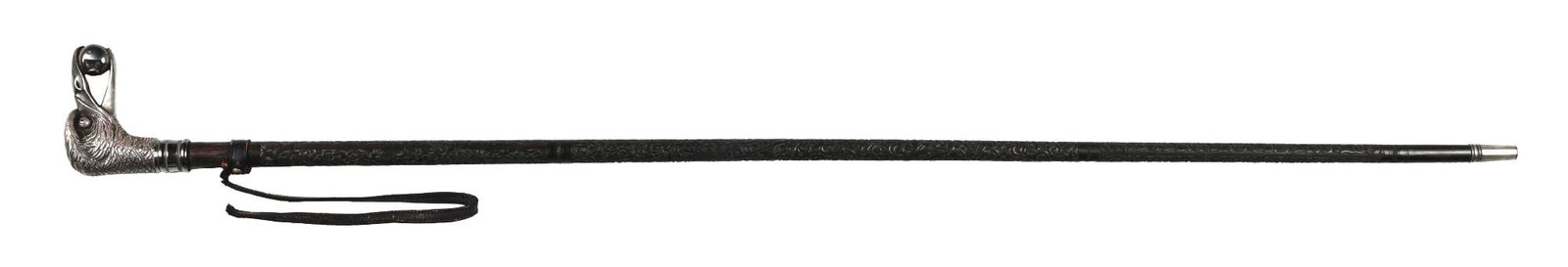 ANTIQUE WALKING STICK CANE W/ MECHANICAL SILVER BIRD W/ FRUIT IN MOUTH: When head is twisted, bird chirps. Shaft carved design. Cane 36" long, handle 3" long, ferrule 1 - 1/4". Condition: (Excellent) Item Dimensions: Length 36".