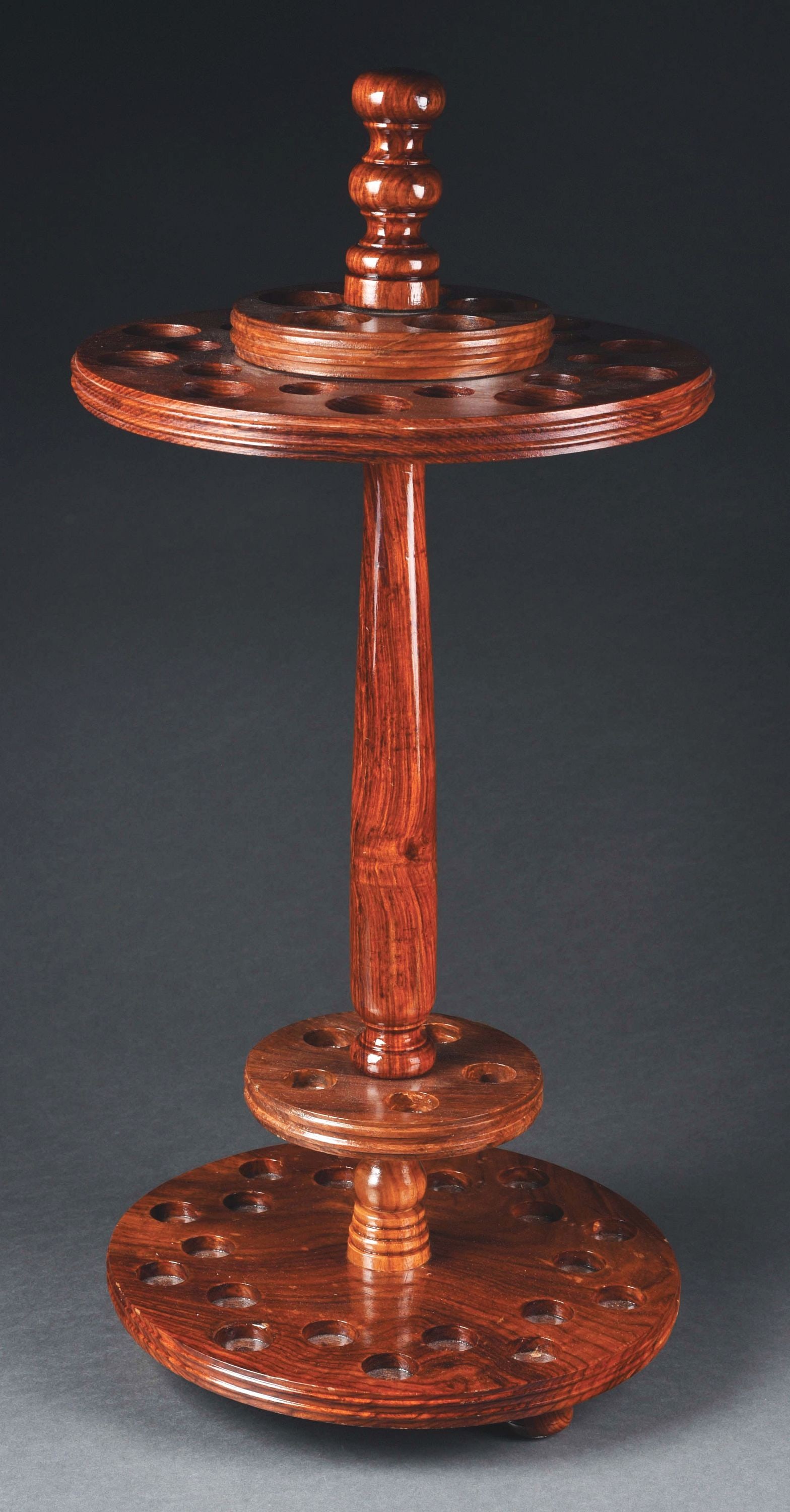CUSTOM-MADE 2-TIER WOOD WALKING STICK CANE DISPLAY HOLDER: Well-designed and crafted. It accommodates up to 25 canes on 2 levels. Condition: (Very Good) Item Dimensions: 14" x 14" x 32".