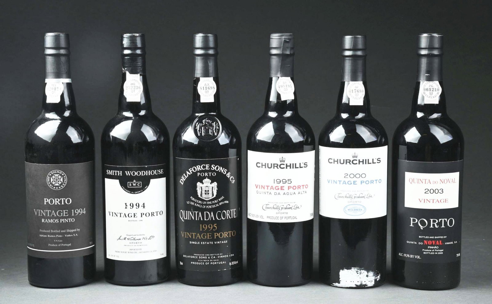 LOT OF 6: PORTO BOTTLES MV: (A) Ramos Pinot 1994, WS 87, RP 94 (B) Smith Woodhouse 1994, WS 86, RP 90 (C) Delaforce Quinta da Corte 1995, WS 92 (D) Quinta da Agua Alta 1995, WS 91 (E) Churchill 2000, WS 93, RP 91 (F) Quinta do N