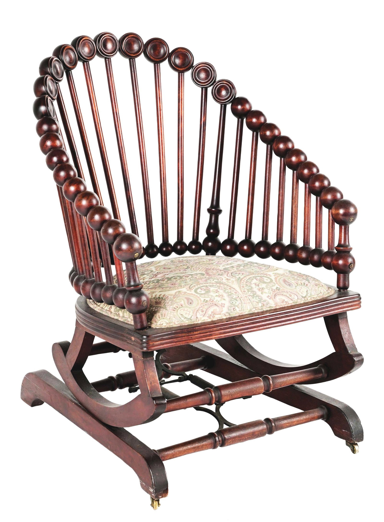EARLY 20TH CENTURY STICK AND BALL ROCKING CHAIR: Mahogany stick and ball-style rocking chair with upholstered seat. Original rocking mechanism, original finish, a wonderful unique look. CONDITION: Showing light wear and some staining to the seat, no