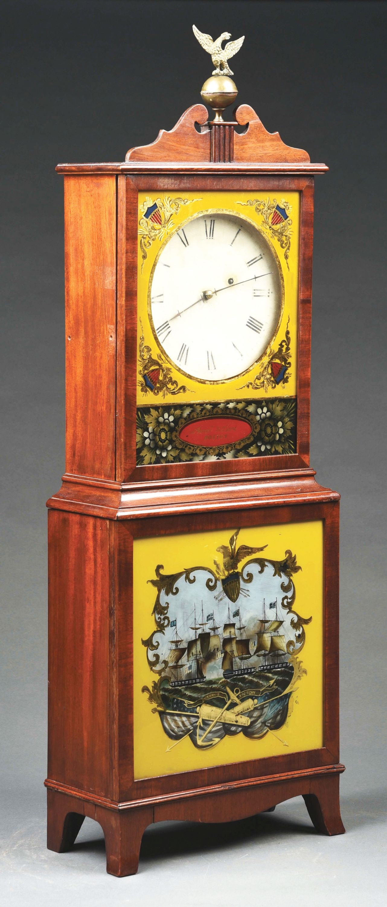 FEDERAL ERA AARON WILLARD JR. MASSACHUSETTS SHELF CLOCK: Aaron Willard (1757-1844, Boston, MA) shelf clock with elaborate eglomise panels, top panel with patriotic motif and signed "Aaron Willard Boston." Bottom panel with "Perry's Victory" scene from the b