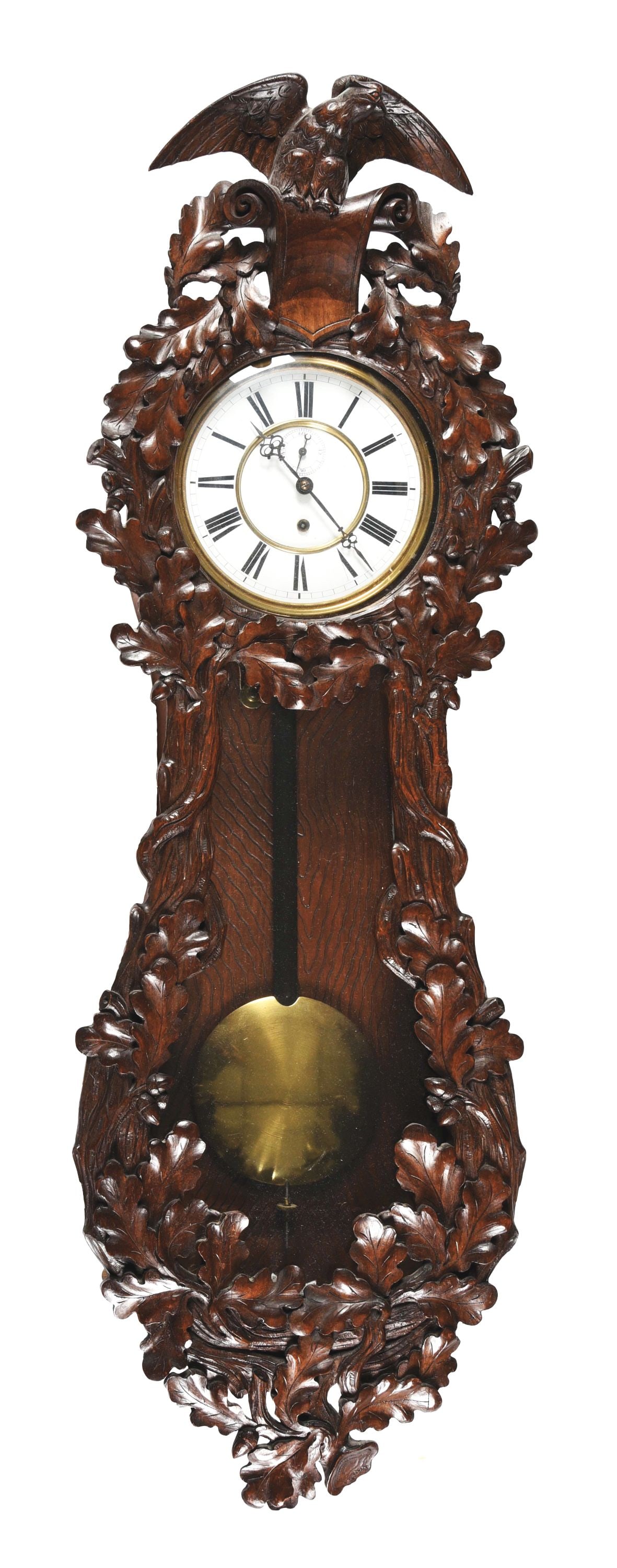 CARVED WOOD OAK LEAF MOTIF WALL CLOCK WITH ROMAN NUMERALS FACE.: Large Antique Ornate Carved Oak Black Forest 2 Wt. Wall Regulator Clock: W/2 pc. porcelain dial w/seconds bit, brass trim, weights & pendulum. The case is carved foliage with a large carved eagle on t