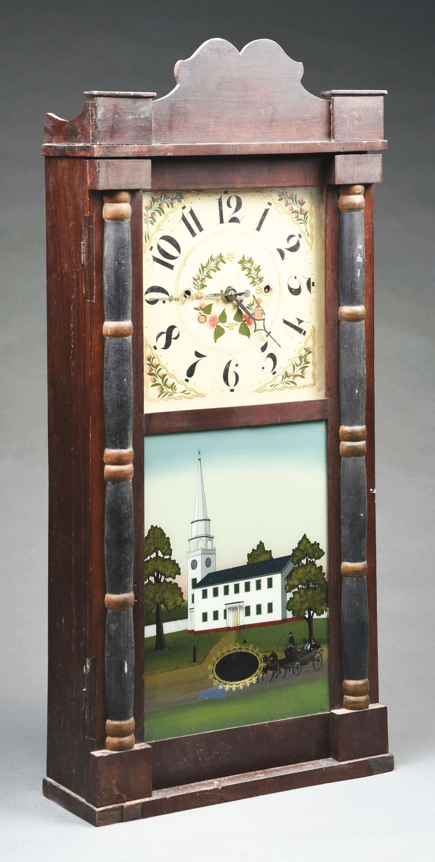 DANIEL PRATT JR 8-DAY WEIGHT DRIVEN CLOCK WITH REVERSE-PAINTED TABLET.: American Weight Driven Clock made by Daniel Pratt Jr (1797-1874). It has a hand-painted gold gilt face with its original hands and a wonderful reverse- painted tablet. This tablet depicts what looks l