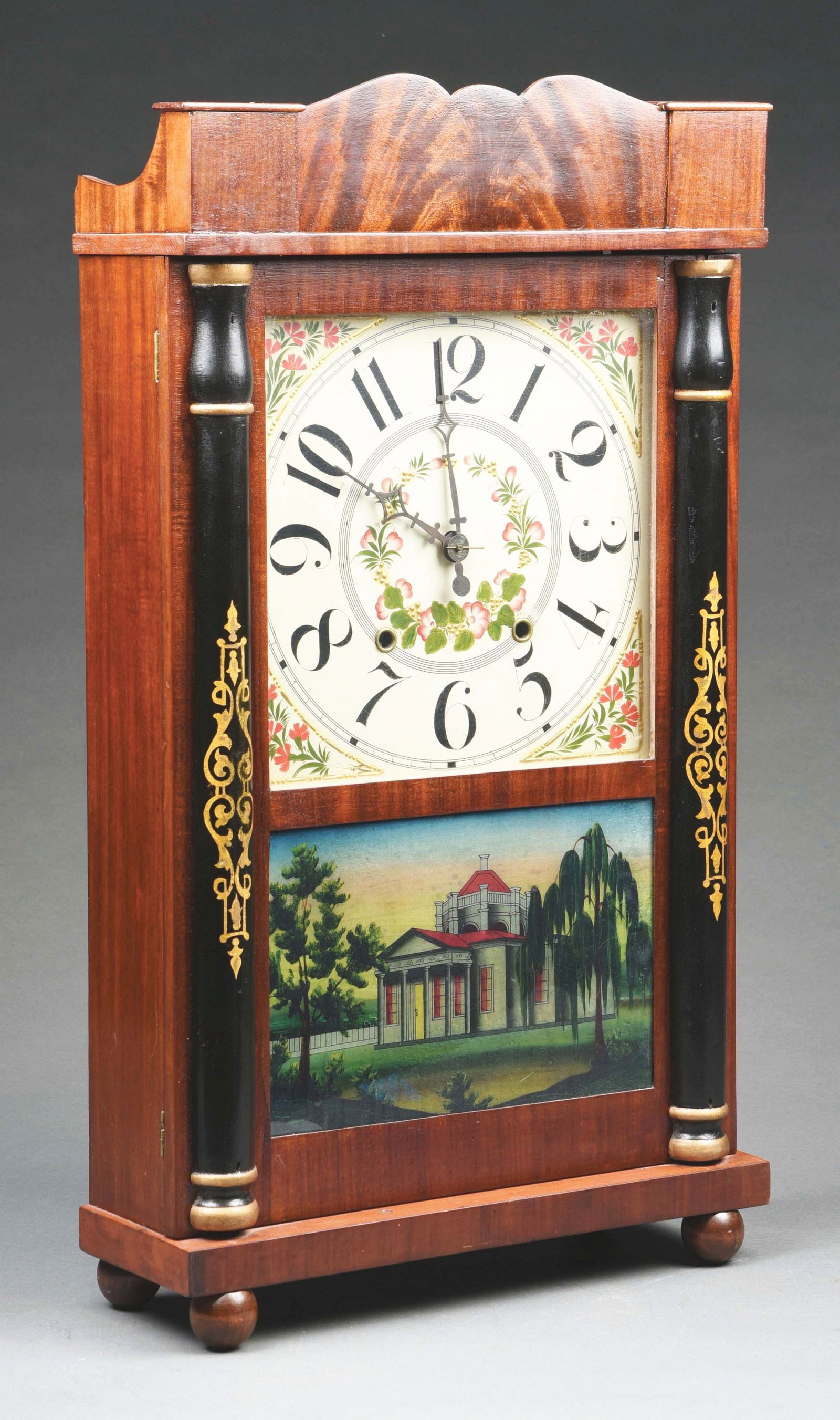 E. & G. W. BARTHOLOMEW, 30-HOUR TIME AND STRIKE WOOD MOVEMENT MANTEL CLOCK: E. & G. W. Bartholomew, 30-hour time and strike wood movement small half column with splat shelf clock, c. 1830. CONDITION: Stripped mahogany veneered case with no veneer pieces missing or lifting. St