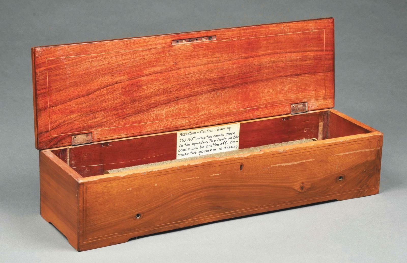 NICOLE FRERES PIANO FORTE CYLINDER MUSIC BOX: Nicole Freres Piano Forte cylinder music box project. This music box had been disassembled prior to the consignors passing, and will need to be reassembled. Original tune card showing 8 tunes, 17-1/2"