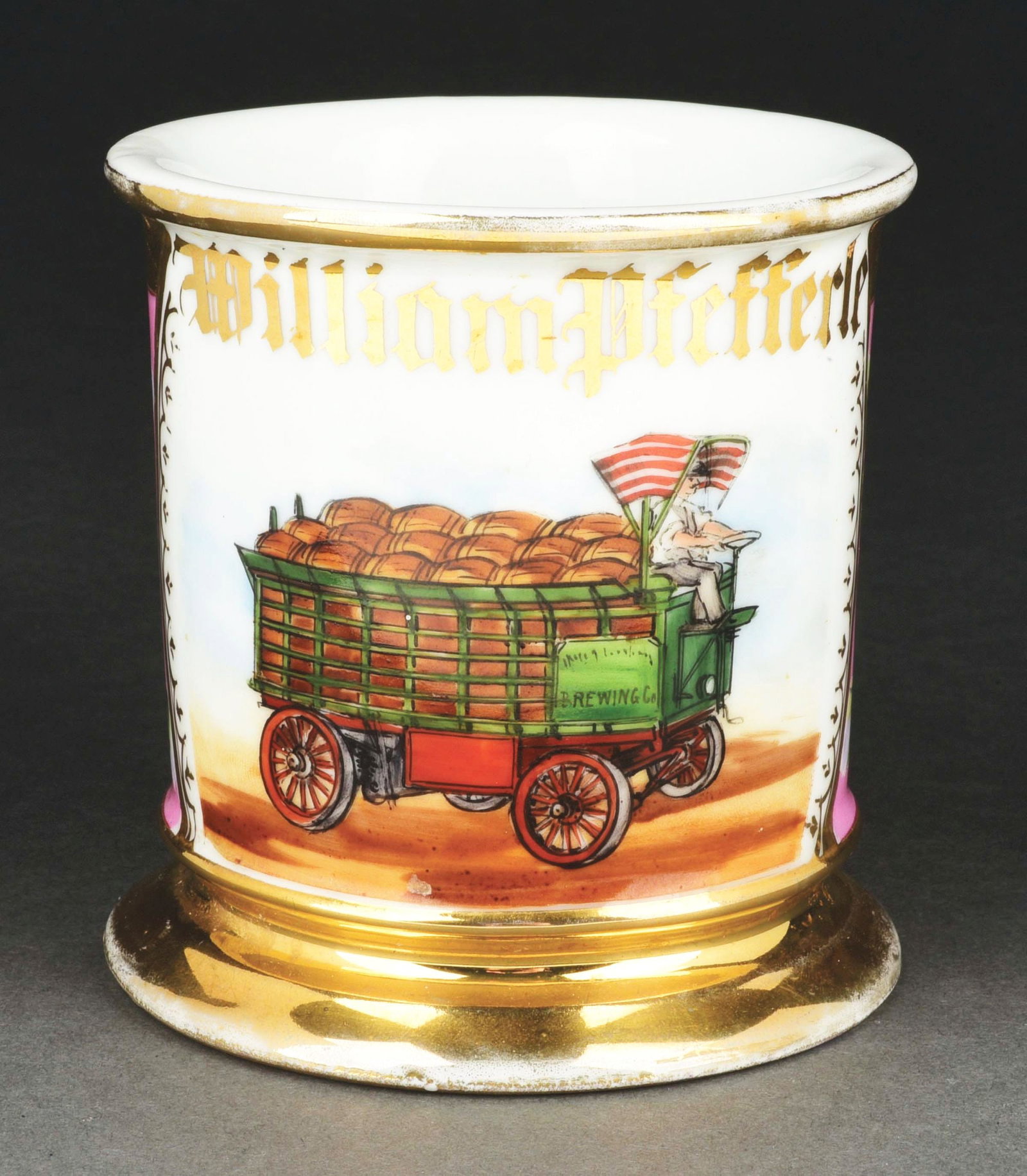 BREWING CO. TRUCK SHAVING MUG: Has the name "William Pfefferle" in gold gilt. Beautiful floral wrap. Detailed image of a man driving a truck for Brewing Company. Condition: (Excellent) Item Dimensions: 4 - 1/2" x 3 - 1/2" x 3 - 1/2