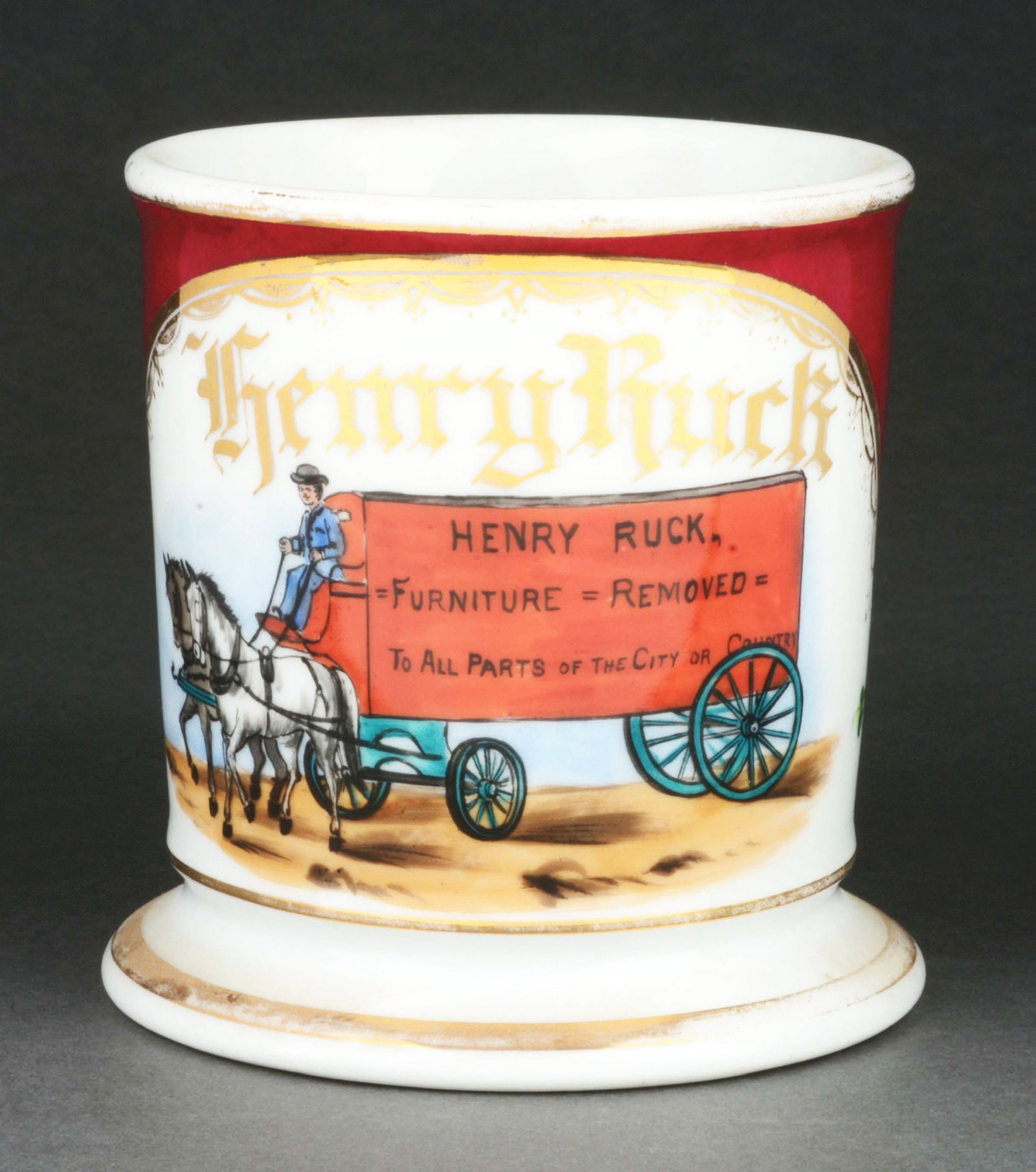 HORSE-DRAWN MOVING COMPANY SHAVING MUG.: Has the name "Henry Rock" in gold gilt. Comes with purple wrap. Detailed image of horse-drawn moving company cart. Condition: (Excellent). Item Dimensions: 4 - 3/4" x 3 - 3/4" x 3 - 3/4".