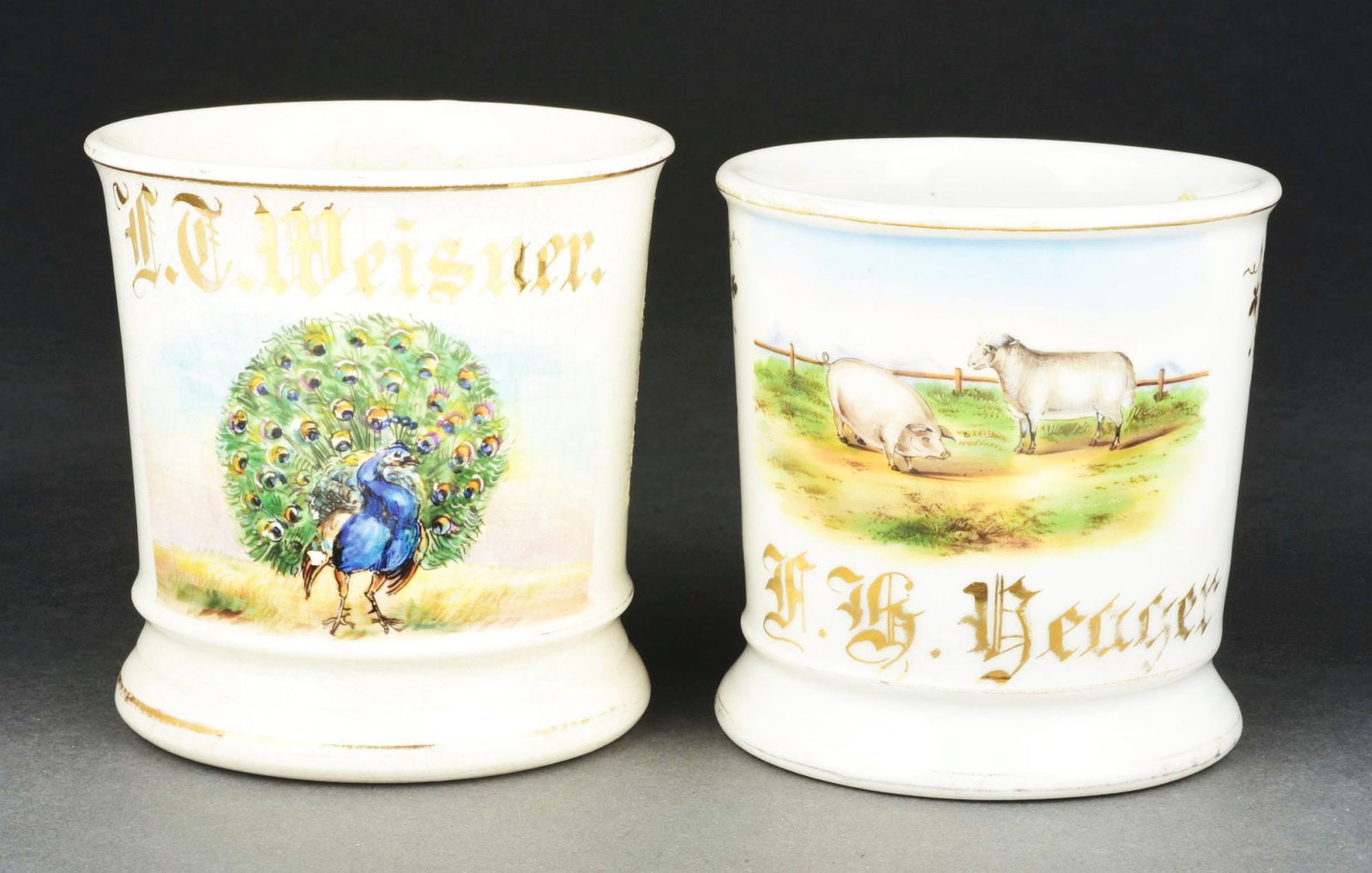LOT OF 2: FARM-RELATED SHAVING MUGS.: (A) One with a peacock. (B) One with farm animals in pasture. Condition: (Excellent). Item Dimensions: Largest: 4 - 3/4" x 3 - 3/4" x 3 - 3/4".