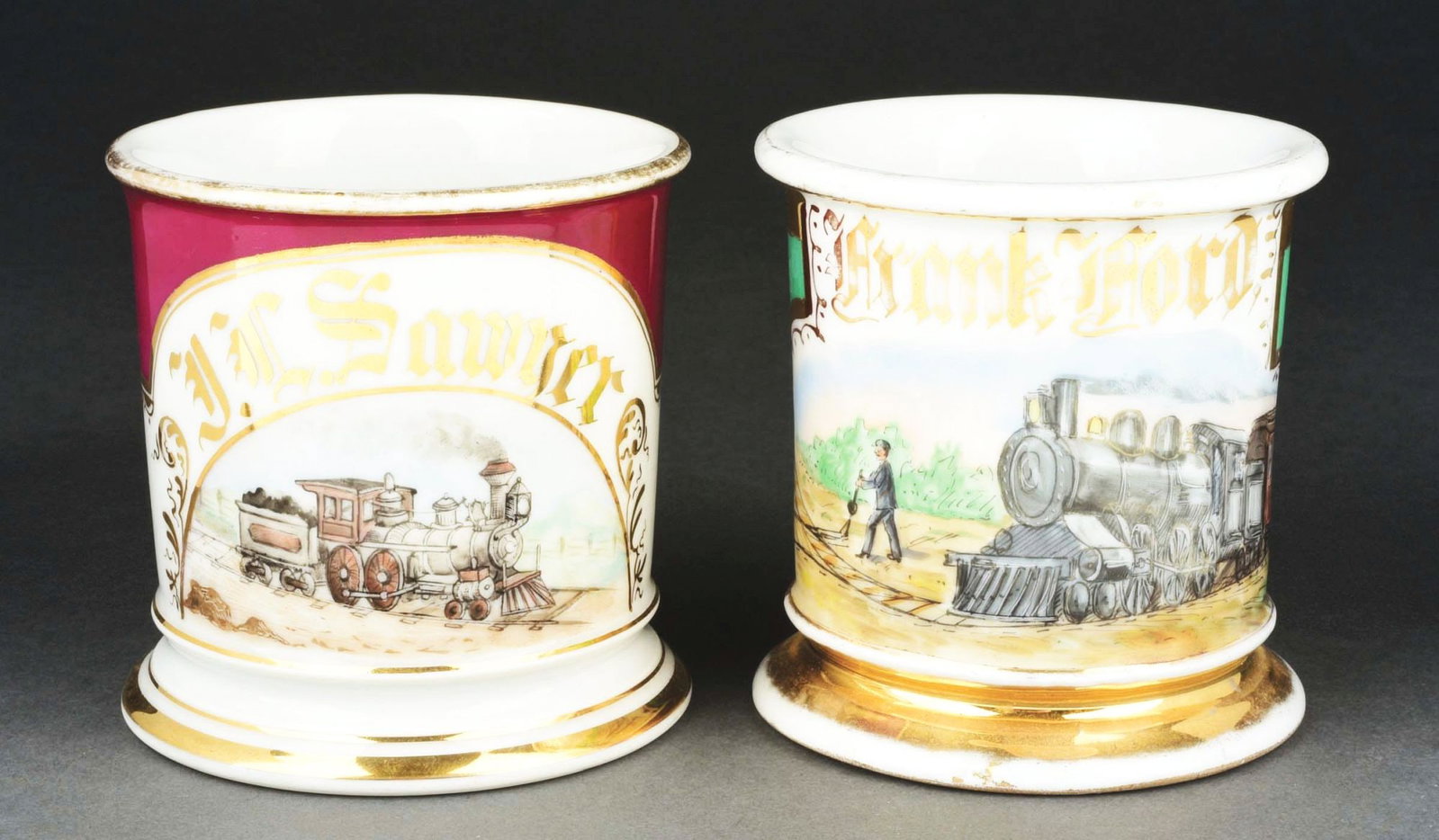 LOT OF 2: TRAIN OPERATOR SHAVING MUGS.: Nice image of train on both. Condition: (Excellent). Item Dimensions: Largest: 4 - 3/4" x 3 - 3/4" x 3 - 3/4".